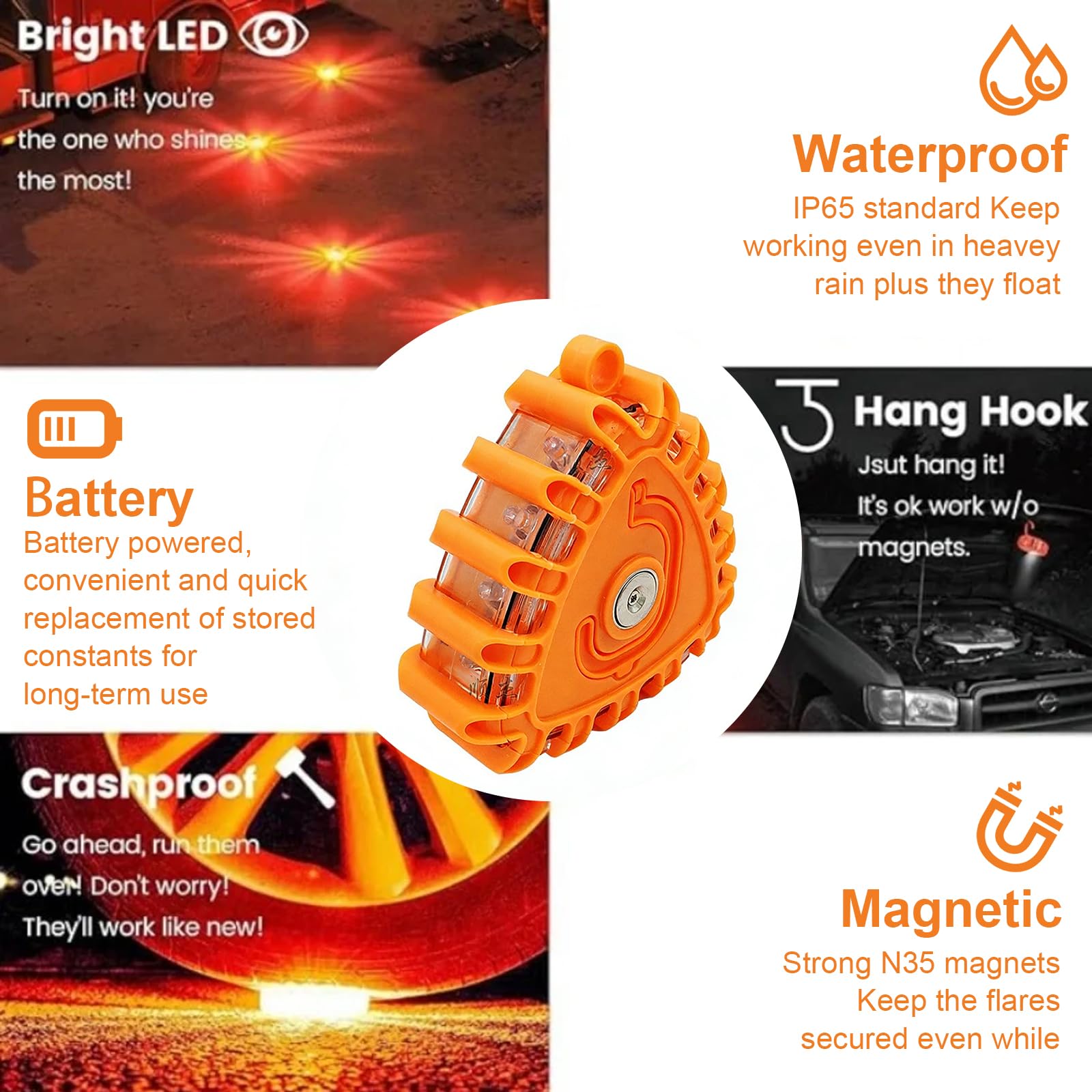 6 luces de advertencia de color naranja, con 9 modos de parpadeo, imán y gancho plegable, resistente al agua y al polvo, para emergencias de vehículos, obras de construcción, exteriores