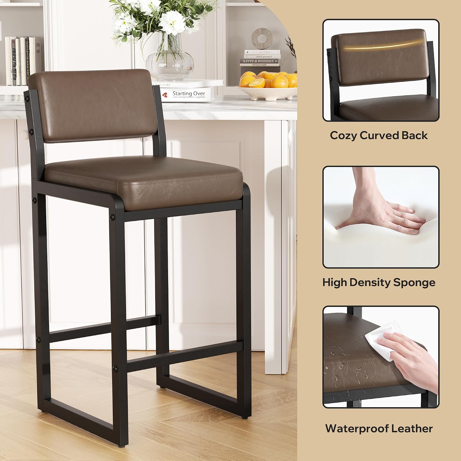 Bar Stools Set of 3, Faux Leather Counter Height Bar Stools with High Back and Metal Legs, Upholstered Bar Chairs, 26" Modern Barstools for Kitchen Island, Dark Brown