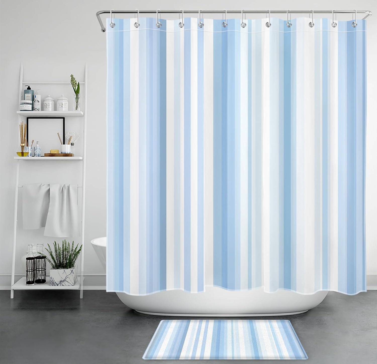 LB Blue and White Shower Curtain, Modern Striped Pastel Shower Curtain and Rug Set, Washable Waterproof Fabric Bathroom Curtains with Hooks,72x72 inch