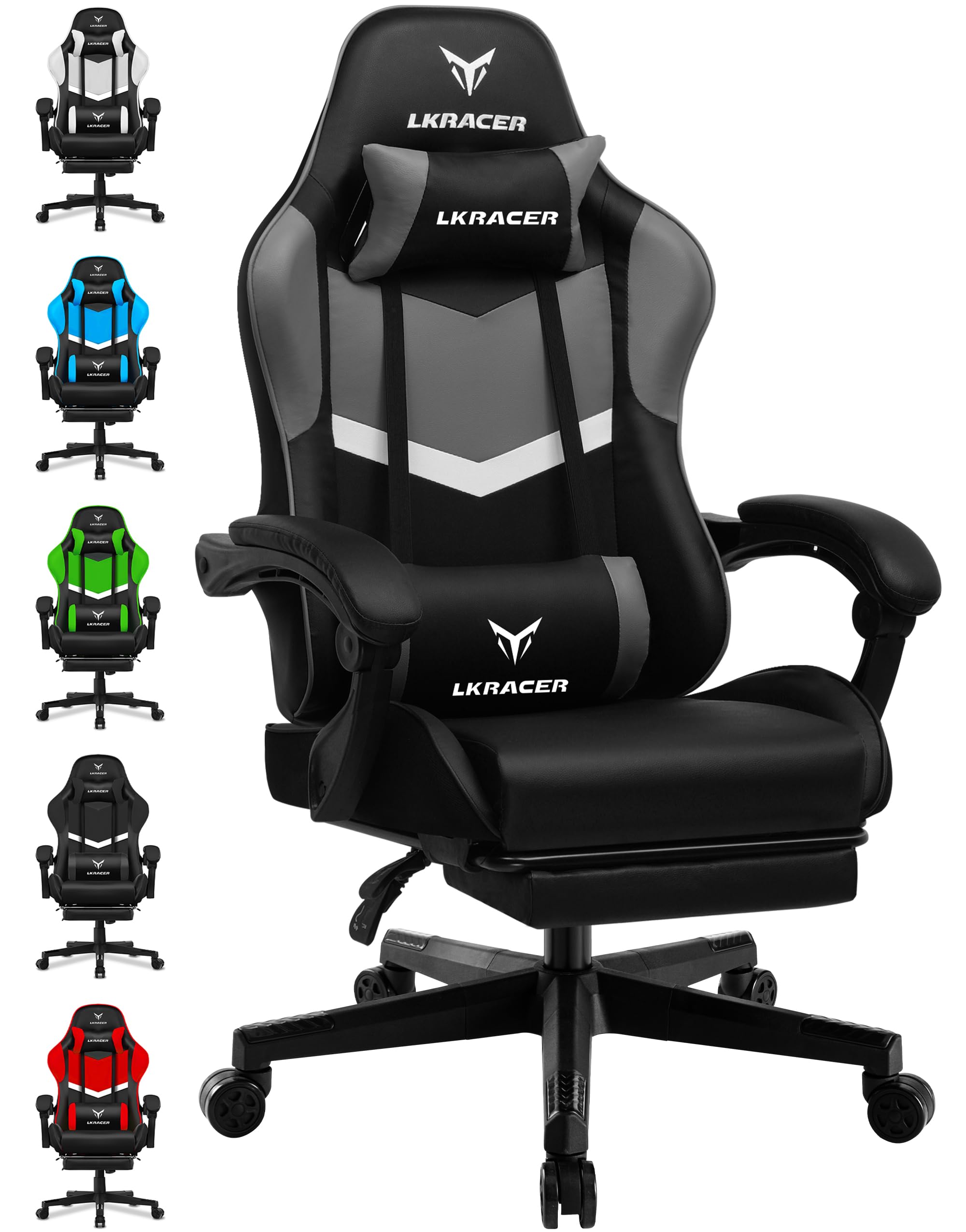 Silla de gaming con reposapiés, silla de oficina ergonómica con cojín lumbar ajustable, cojín para videojuegos, altura regulable, capacidad de carga de 150 kg, color gris