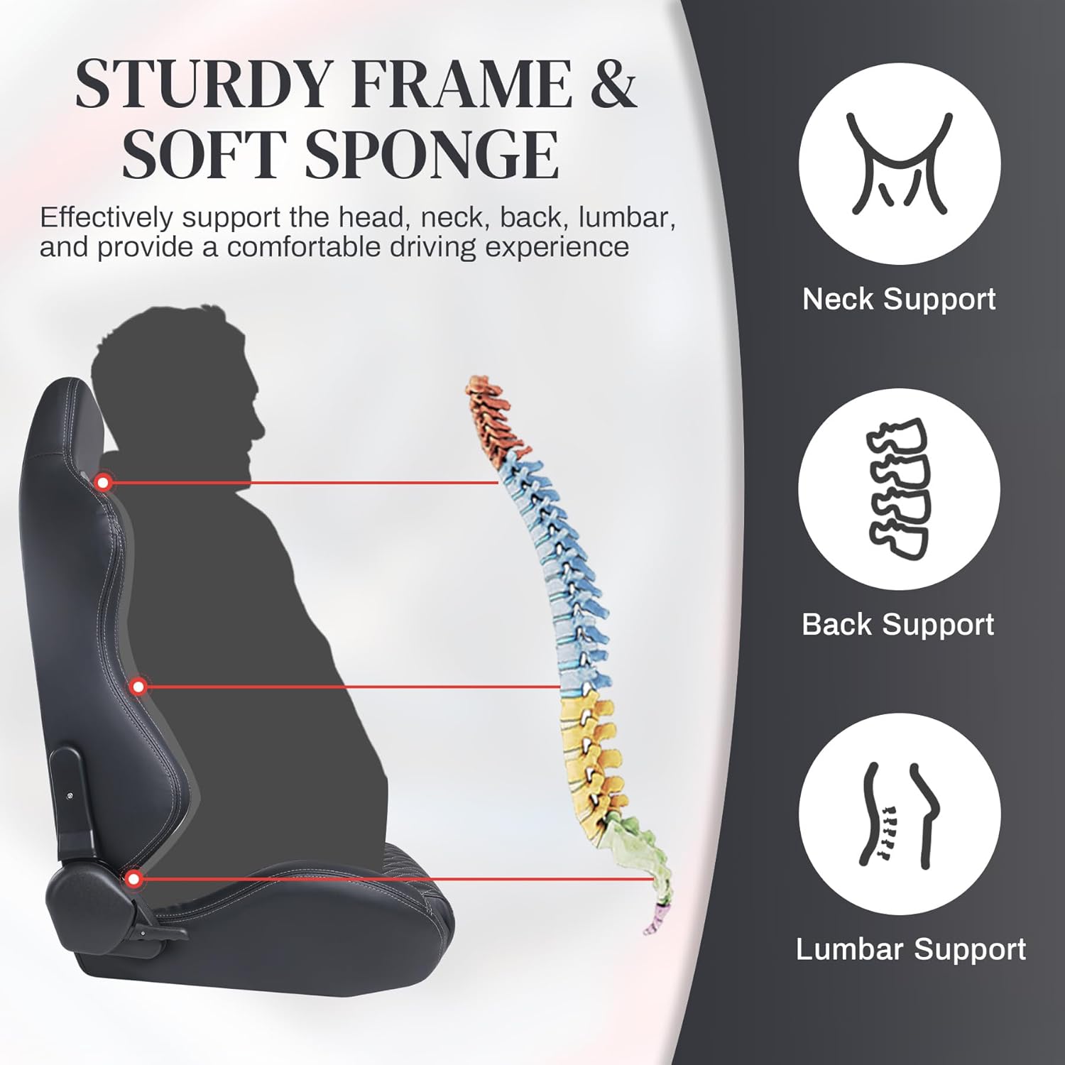 2 Pack Universal Racing Seats, Automotive Bucket Seats Pair for Cars, PVC Leather, High Density Foam, Front-Back and Backrest Angle Adjustable, with Slider