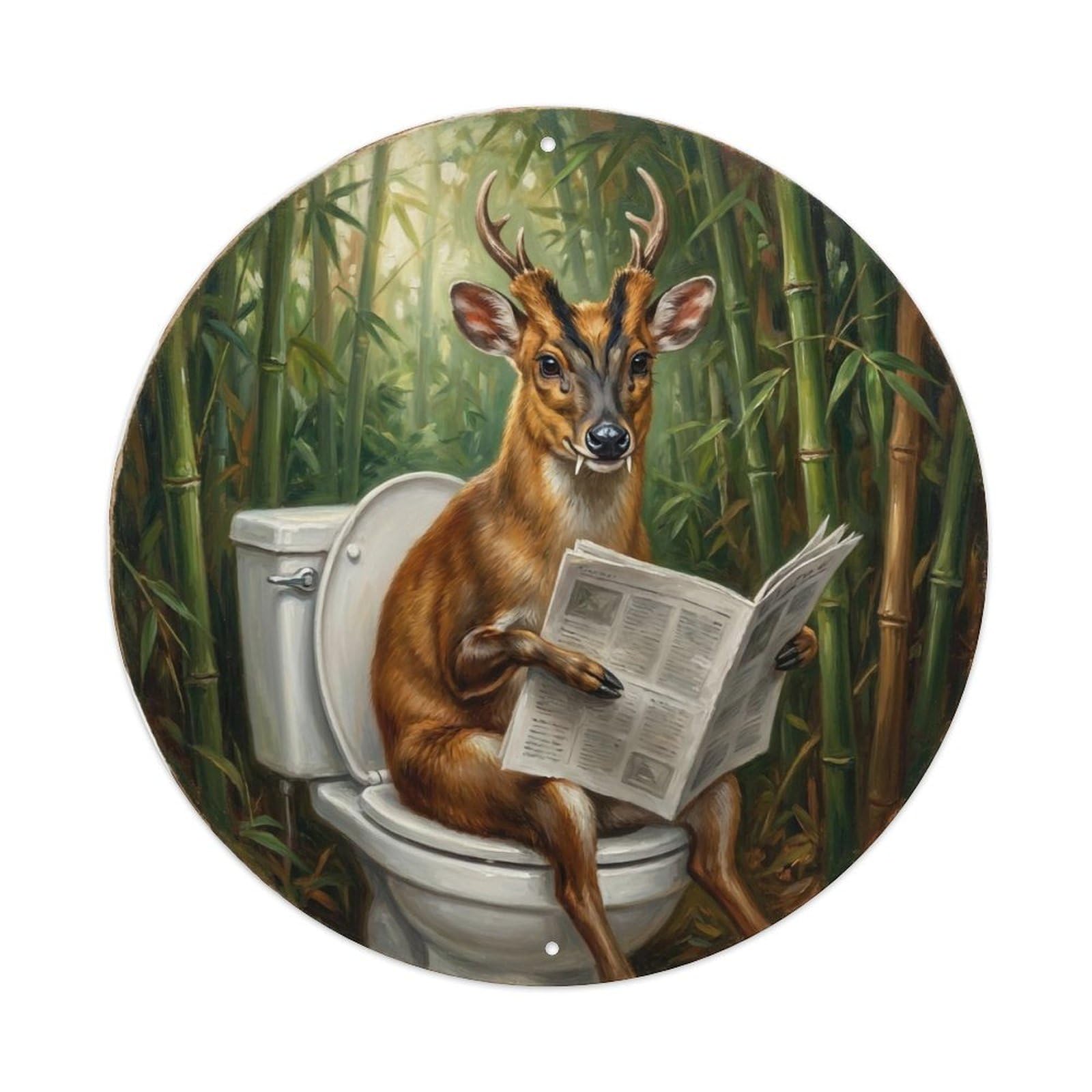 Muntjac On Toilet Humorous Bamboo Thicket Reads Metal Tin Sign