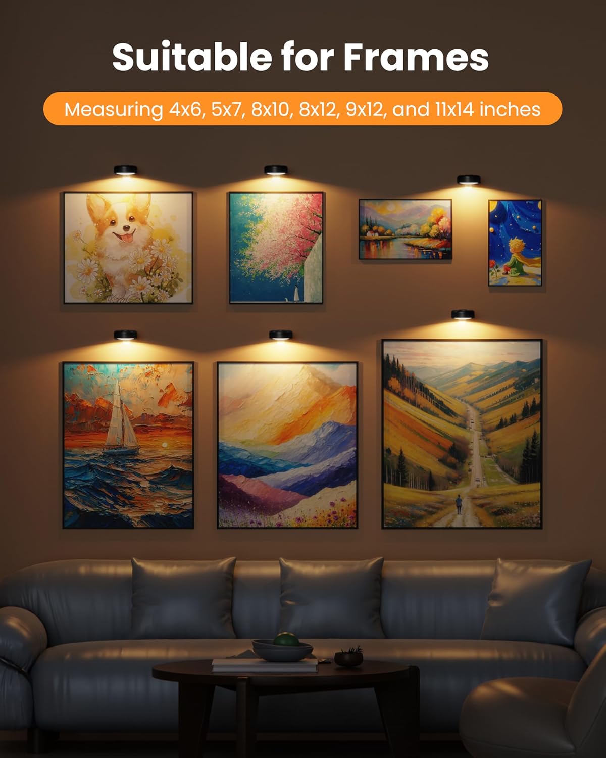 Picture Lights for Wall,Wireless 2000mAh Rechargeable Magnetic LED Puck Lights with Remote,3 Color Temps and 12 RGB,Dimming & Timer,Art Frame Light for Painting Display,Photos,Wall Decor(6 Pack)