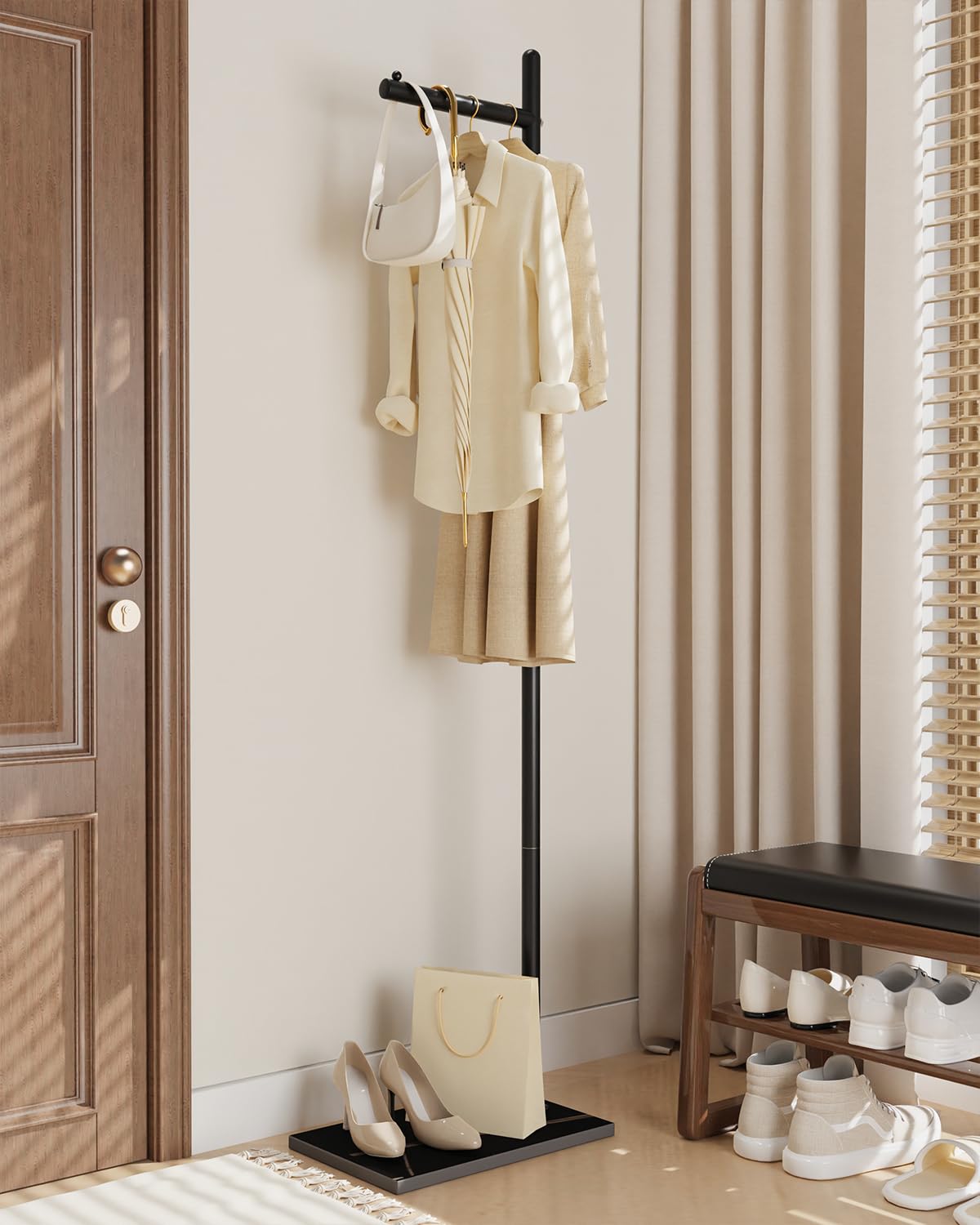 Yawinhe Percheros de Pie, Percha independiente en forma de L, Base de losa de roca,Perchero para Abrigos Adecuado para Guardar Ropa, Bolsos y Sombreros, Negro,39×26×174cm,SMJ101B