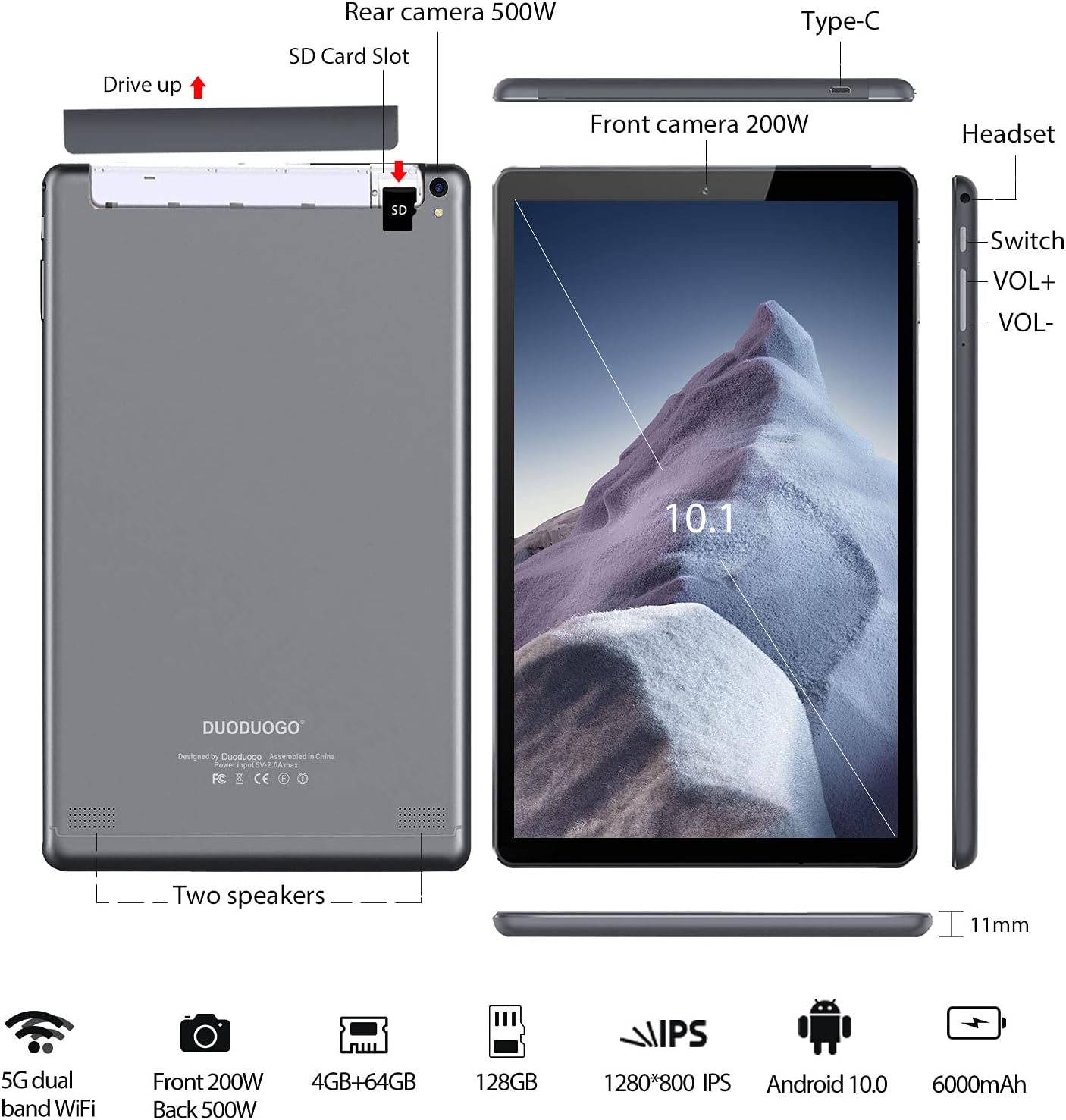 Tablet in offerta 5G WiFi con 8 core 4GB RAM + 64GB ROM (128GB Espandibili) Tablet 10 pollici 1920x1200 HD IPS,6000mAh,Camera 5+8MP,Bluetooth,Type-C, Certificazione GMS Android Tablet PC -Grigio Tablet in offerta 5G WiFi con 8 core 4GB RAM + 64GB ROM (128GB Espandibili) Tablet 10 pollici 1920x1200 HD IPS,6000mAh,Camera 5+8MP,Bluetooth,Type-C, Certificazione GMS Android Tablet PC -Grigio