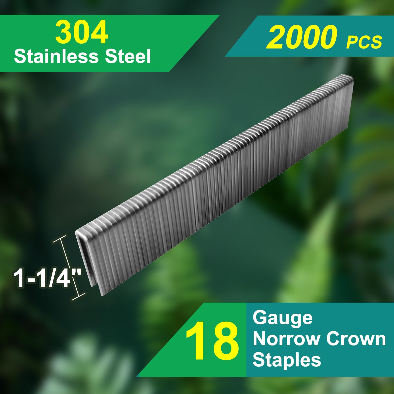 Grapas de acero inoxidable 304 de calibre 18, corona estrecha de 1/4 pulgadas, 2000 unidades, compatible con grapadoras neumáticas y eléctricas (1-1/4 pulgadas - 2000 piezas)