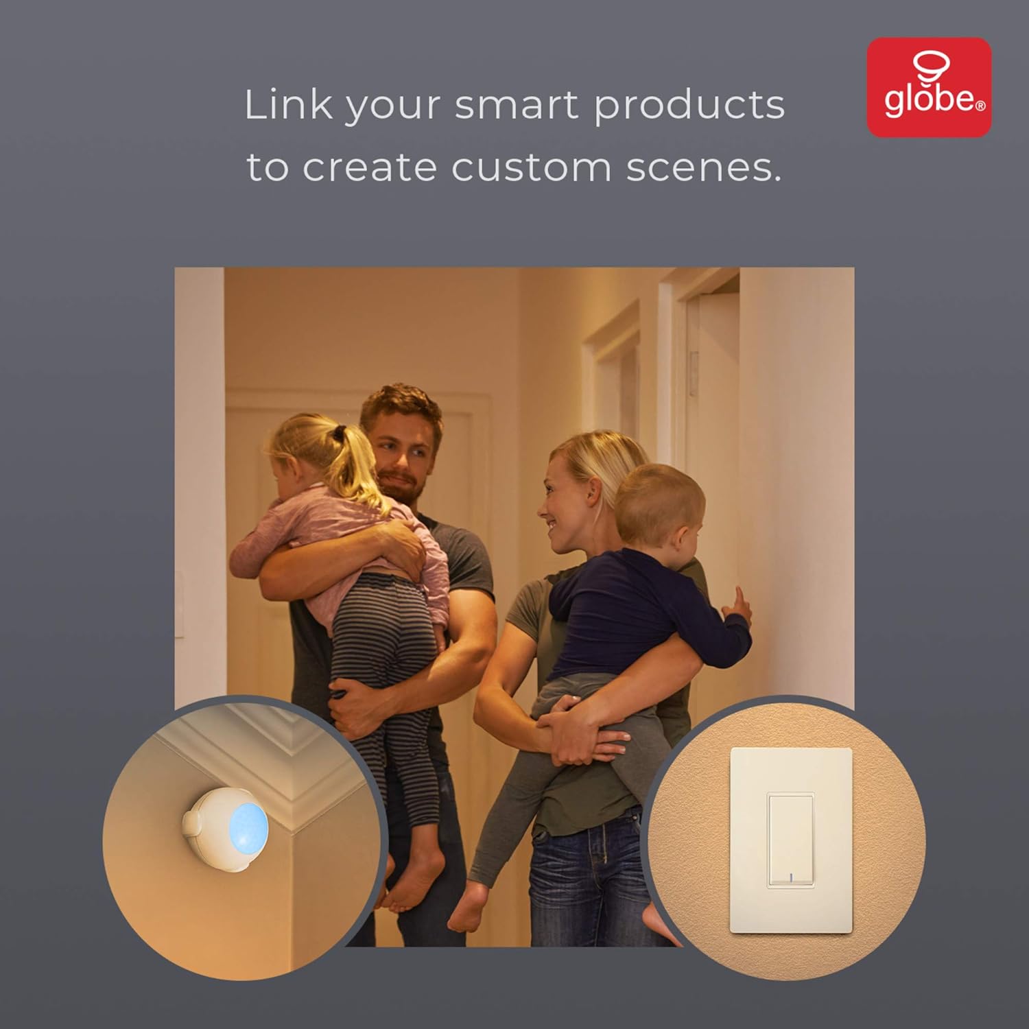 Family in a hallway with a smart switch and a smart sensor, illustrating linking smart products for custom scenes