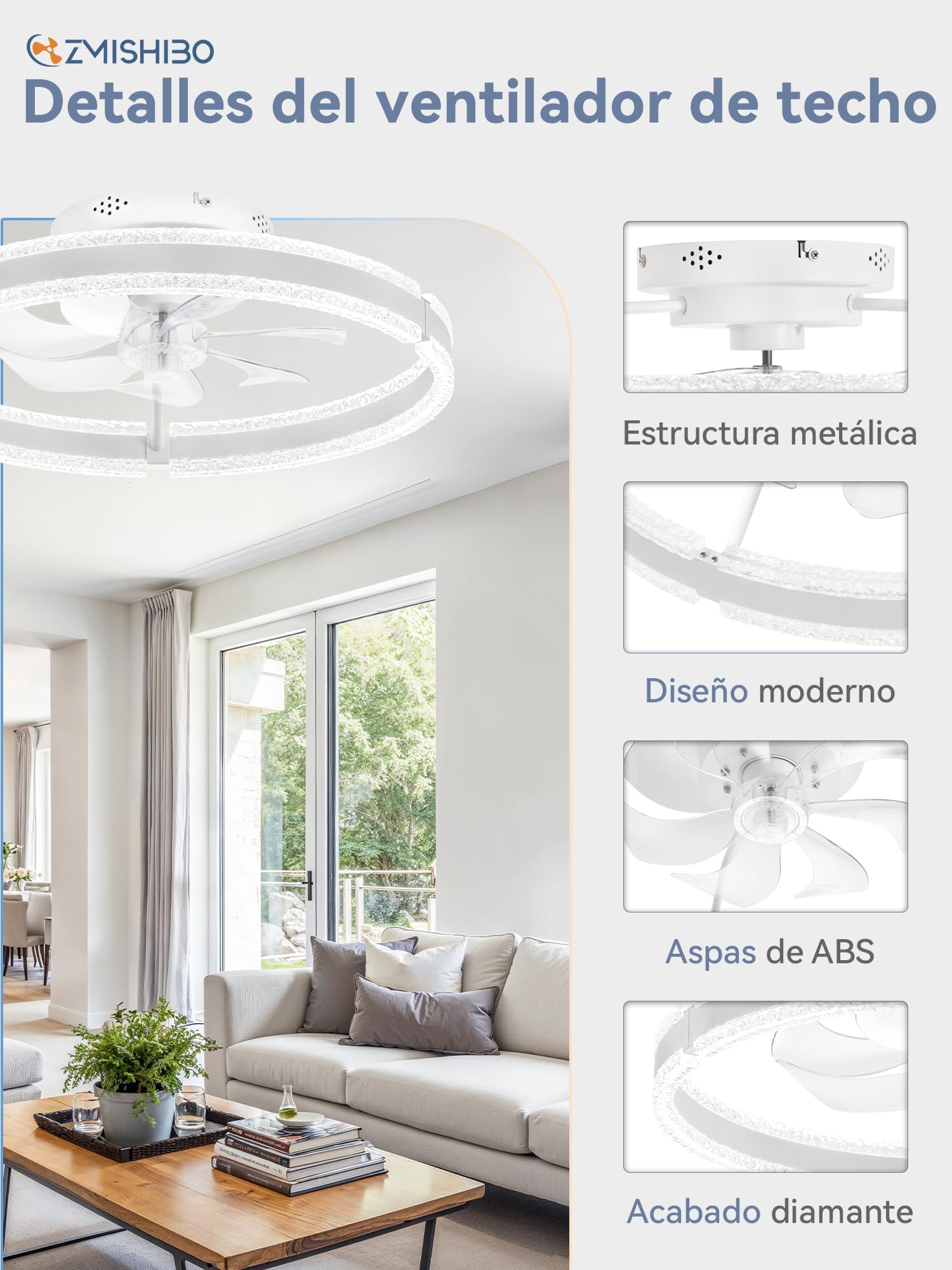 ZMISHIBO Ventilador de techo 51 cm con luz, patrón ondulado, doble anillo LED (blanco), APP y mando a distancia, 6 velocidades, giro adelante/atrás, 3000K-6000K regulable 10%-100%, memoria, temp. 2H