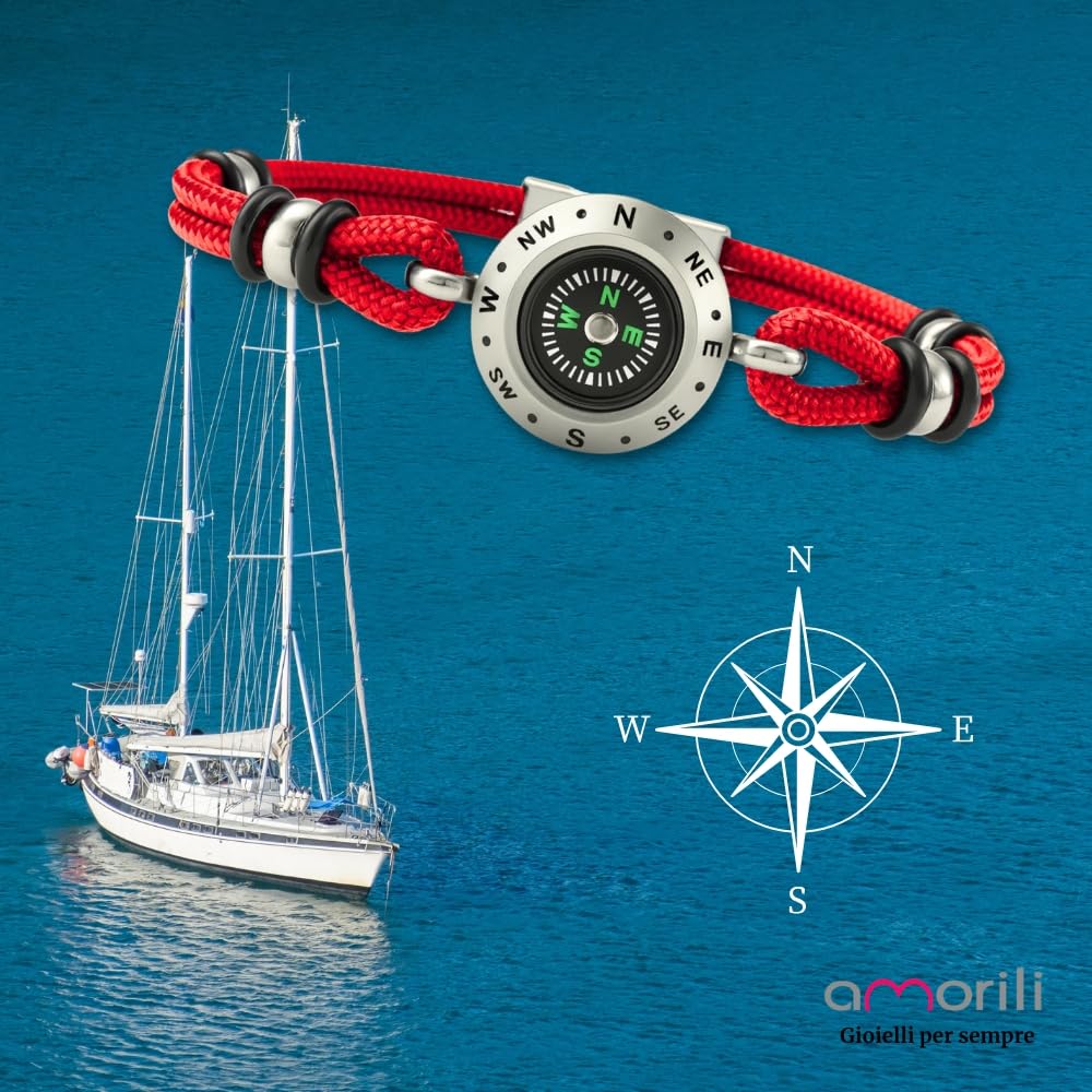 Bracciale Uomo Bussola Rosa dei Venti in Acciaio Inox e Corda | Stile Nautico Marinaro | Accessorio Elegante e Sportivo | Idea Regalo per Amanti del Mare