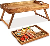 Vista 1 de Mesa baja de acacia de 2 piezas para sentarse en el suelo, bandeja de desayuno con patas y asas, bandeja plegable de madera para servir desayuno