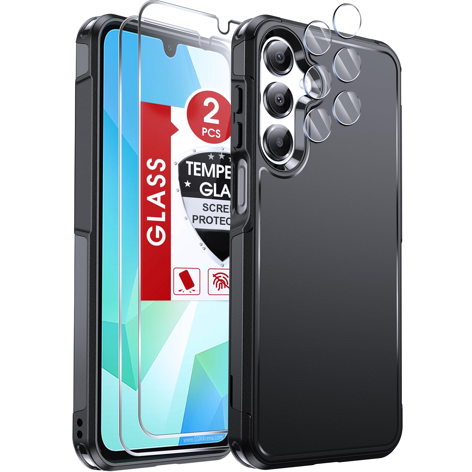 LeYi for Samsung A16-Case: with [2PCS Screen Protector + Camera Lens Protector], Double Layer Heavy Duty Shockproof Cell Phone Cover/Case/Coque/Etui for Samsung Galaxy A16 5G/ A 16, Black