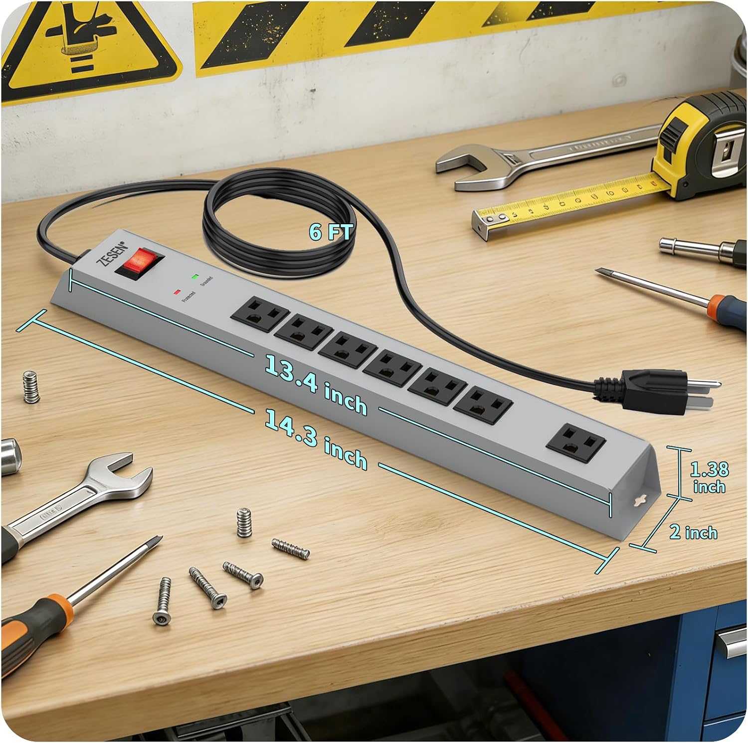 Metal 7 Outlet Power Strip with Overload Protection & 1500J Surge Protection, 6ft Cord Wall Mounted Industrial Power Strip for Office Workshop Garage, ETL Listed(15A/1875W), Grey
