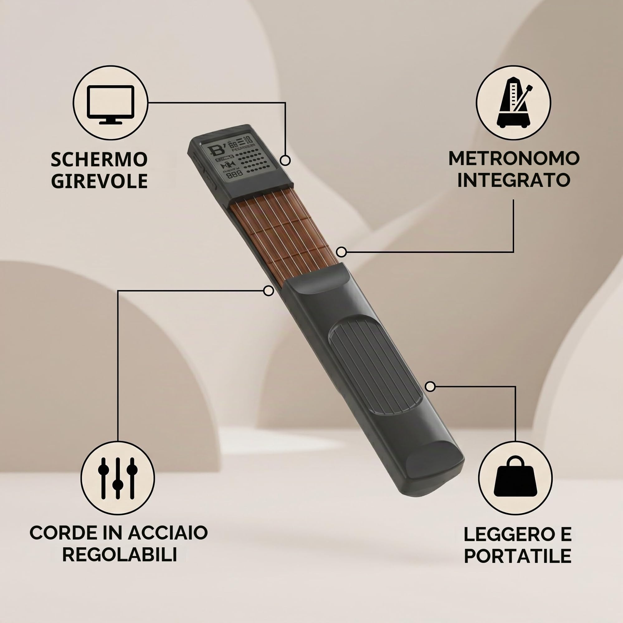 Chitarra Tascabile Portatile con Collo di Esercizio e Mini 6 Pezzi, Strumento Didattico per Principianti con Schermo Girevole e Accessori per Allenamento Musicale