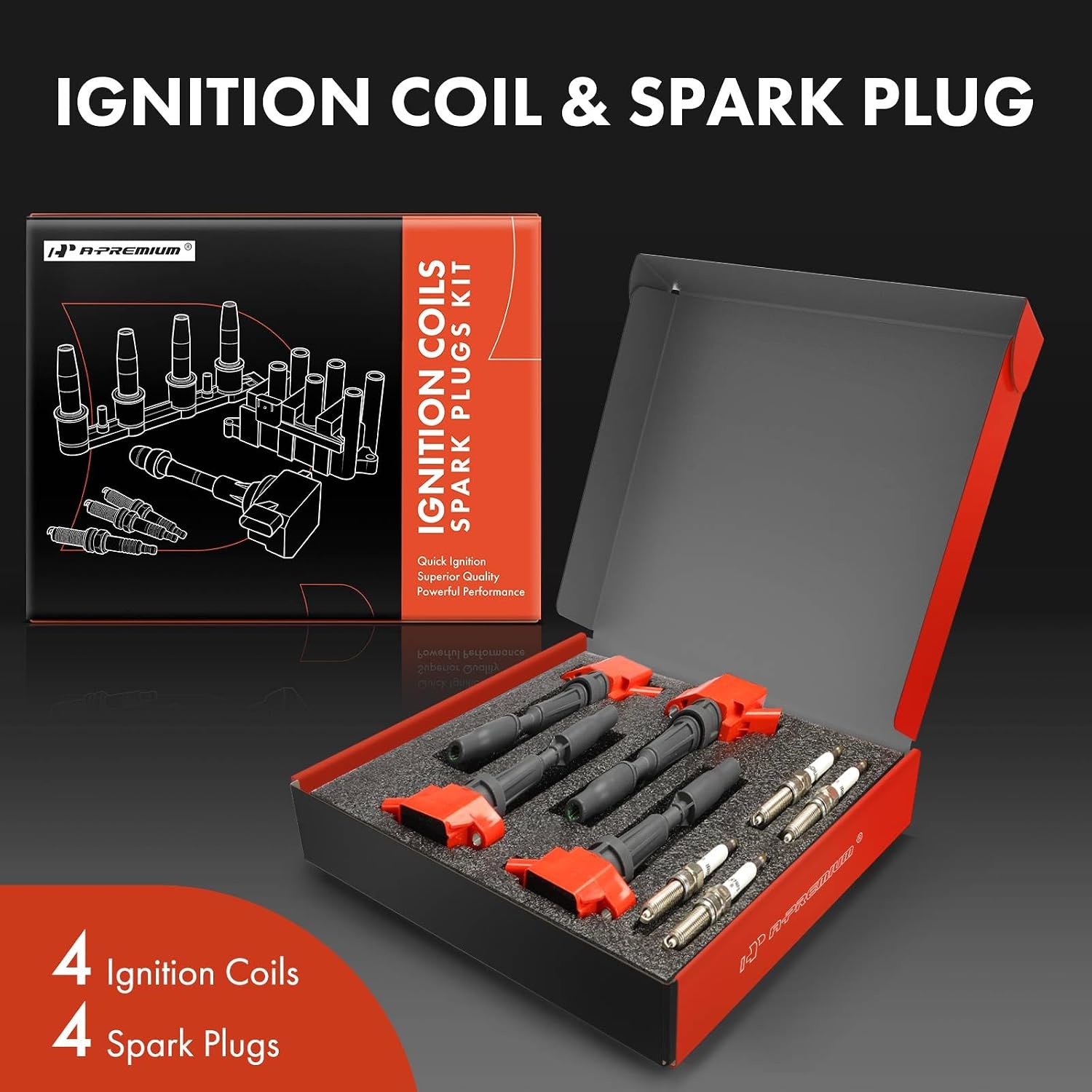 A-Premium (Red) Set of 8 Ignition Coil Pack and Iridium Spark Plugs Compatible with Hyundai Sonata 2015-2019, Santa Fe 2019-2020, Santa Fe Sport, Tucson & Kia Optima, Sorento, Sportage Rondo, 2.0L