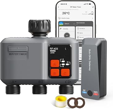 WiFi Sprinkler Timer 3 Zone, 984ft Range Smart Water Timer for Garden Hose | Strong Wall Penetration, Rain Delay, Alexa & Google Voice/App Control, Water Hose Timers for Garden & Lawn