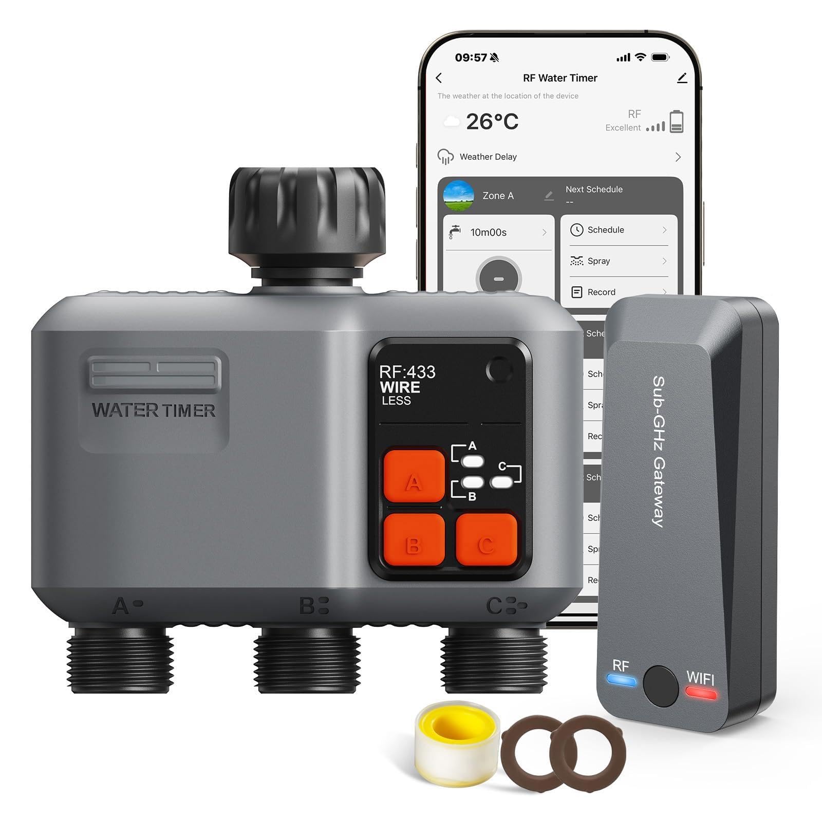 Photo 1 of WiFi Sprinkler Timer 3 Zone with 984 FT Range, 3 Outlet Smart Water Timer for Garden Hose with Strong Wall Penetration/Rain Delay/Alexa & Google Voice/App Control, Water Hose Timers for Garden & Lawn