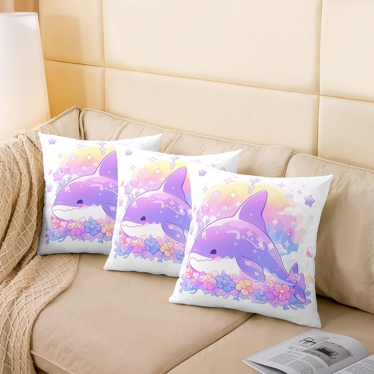 Manfei Kawaii Shark Pillow Cover 24"x24" Single Pack,Watercolor Purple Shark Cartoon Flowers Leaves Cushion Cover for Couch Sofa,Cute Starfish Bubble Dreamy Sealife Pillowcase Outdoor Pillow Cover