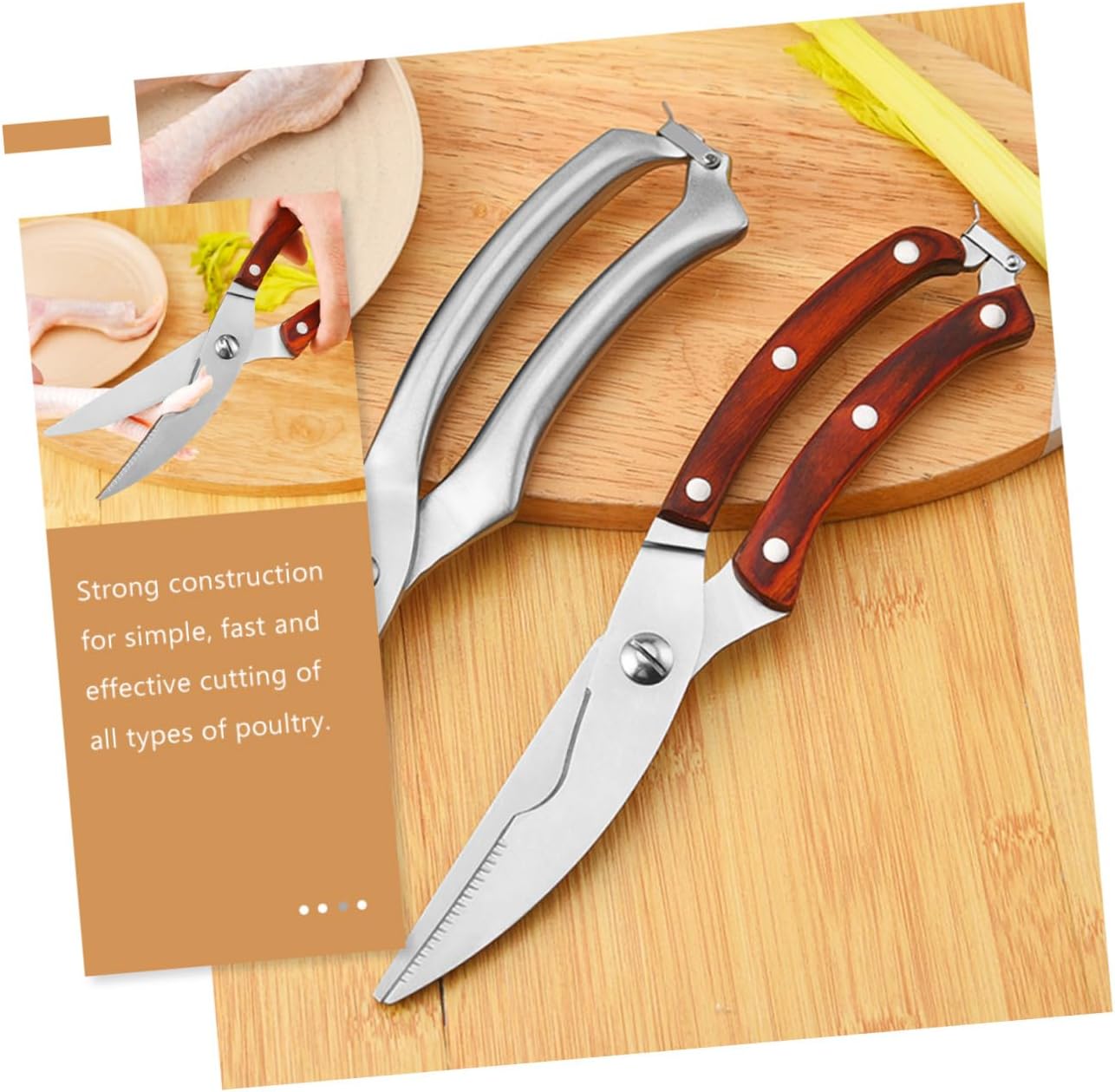 Stainless Steel Kitchen Shear Wooden Handle for Cutting Chicken and Fish Bones Heavy Duty Food Scissors for Preparation
