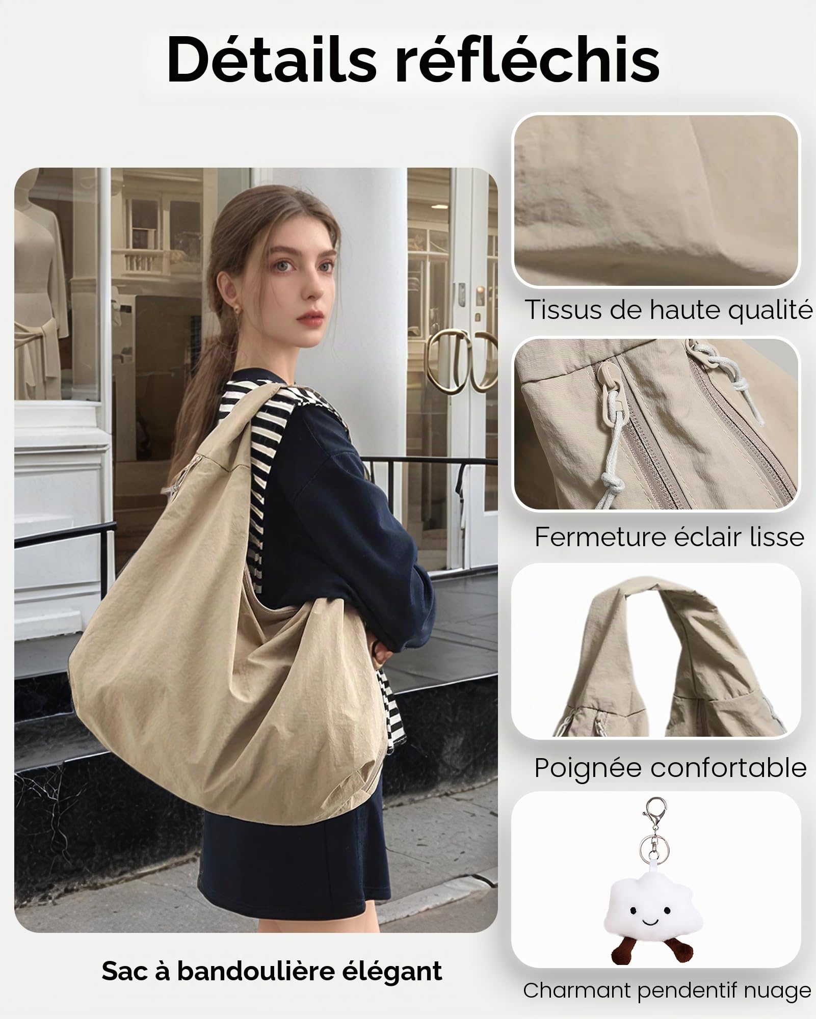 Micmores Sac Fourre-Tout Femme en Nylon Souple - Grand Sac à Bandoulière Drapé - Sac à Main Sous l'Aisselle Style Tote Bag Unisexe Élégant