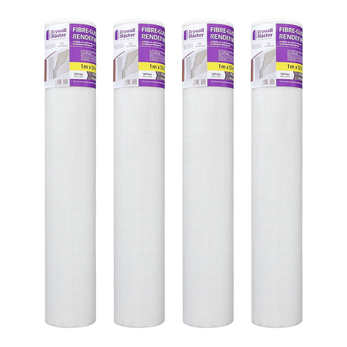 Drywall Master Rendering Render Mesh 50sqm 160g/m2 Coverage 4x4 mm, Fibreglass Alkaline Resistant Reinforcing Mesh, Plastering Crack Repair (Pack of 4)