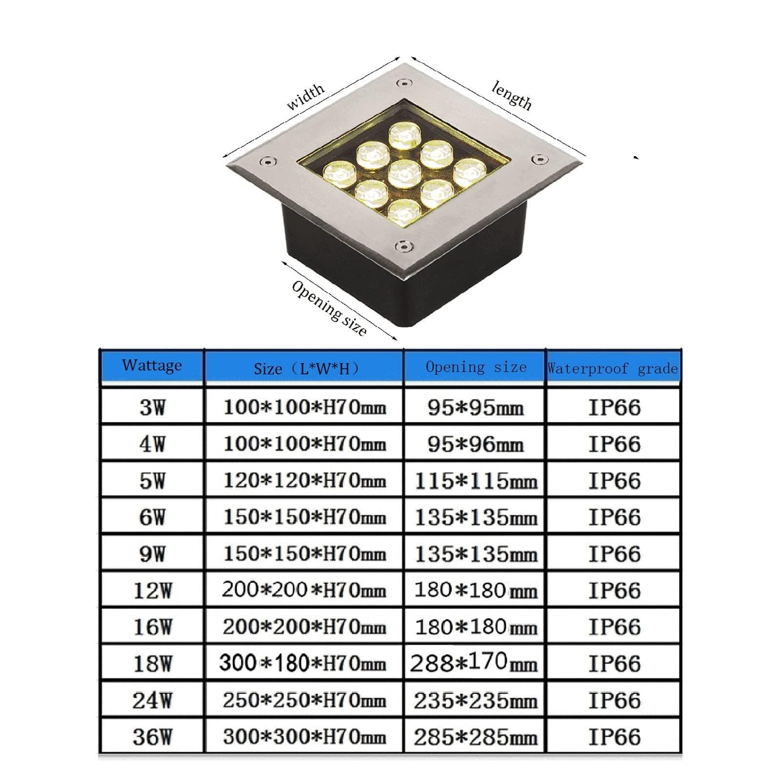 Zewnętrzne wbudowane oświetlenie LED, zakopane oświetlenie ogrodowe, zewnętrzny reflektor LED, wodoodporny reflektor LED IP66, na taras ogrodowy, ścieżki oświetlenia basenów ( Kolor: Jasnożółty