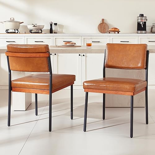 Juego de 2 sillas de comedor modernas marrones, sillas de cocina con cojines gruesos y almohadillas ajustables, sillas de comedor tapizadas de piel