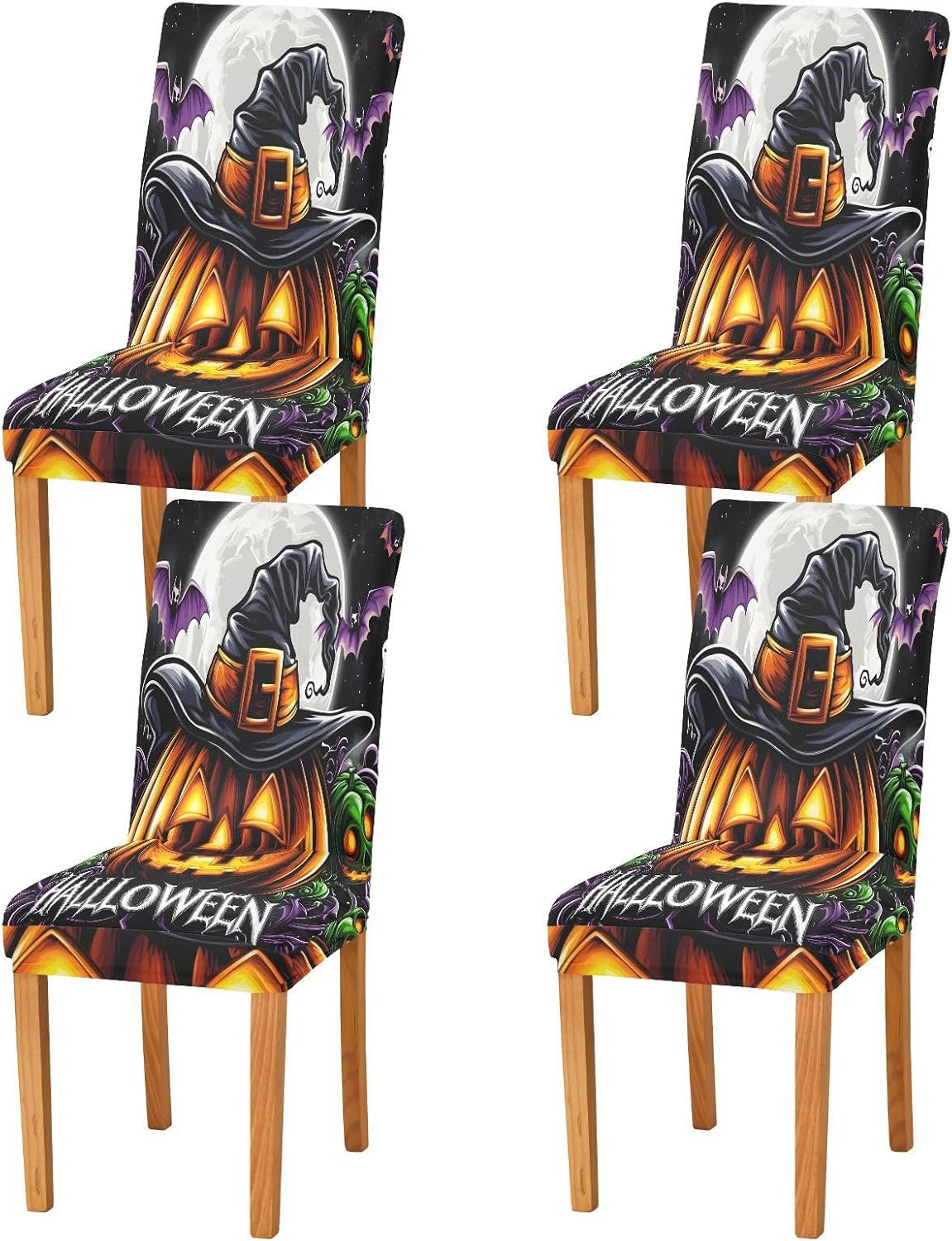 ALAZA Chair Covers for Dining Room, Pumpkin Purple Bat Stretch Chair Cover Sets Chair Protector Removable Washable for Ktichen Restaurant Hotel