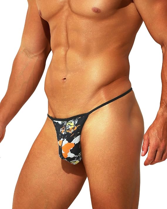 Men's Mesh T-Back G-String Thong Underwear Low Rise Sexy Printed Bikini Briefs