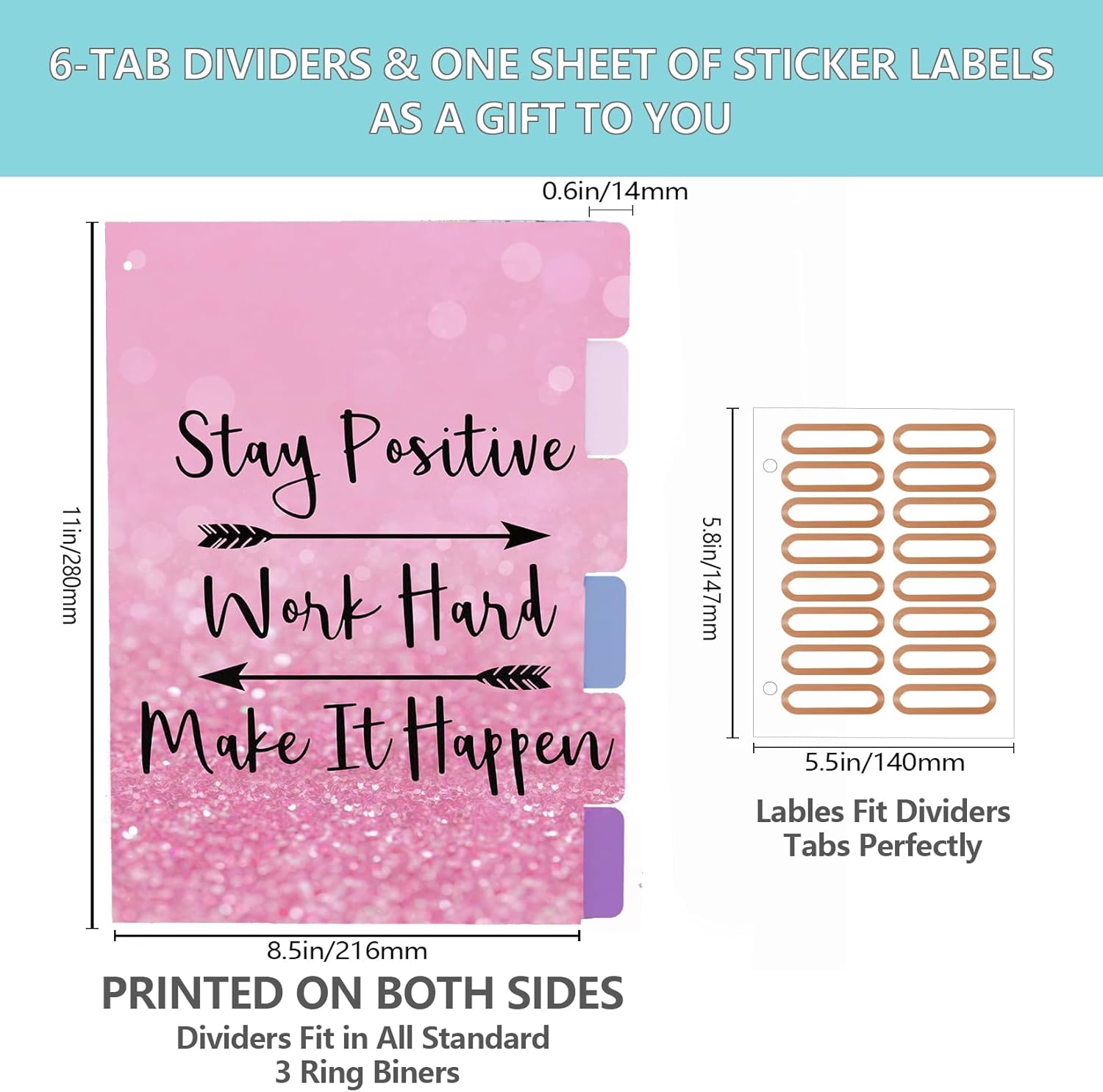 3 Ring Binder 2 Inch, Cute Pink Round Ring Binders with 6 Tab Dividers, Labels Stickers, Low Profile Clipboard with Storage, Fashion Binder School Office Supplies(Stay Positive)