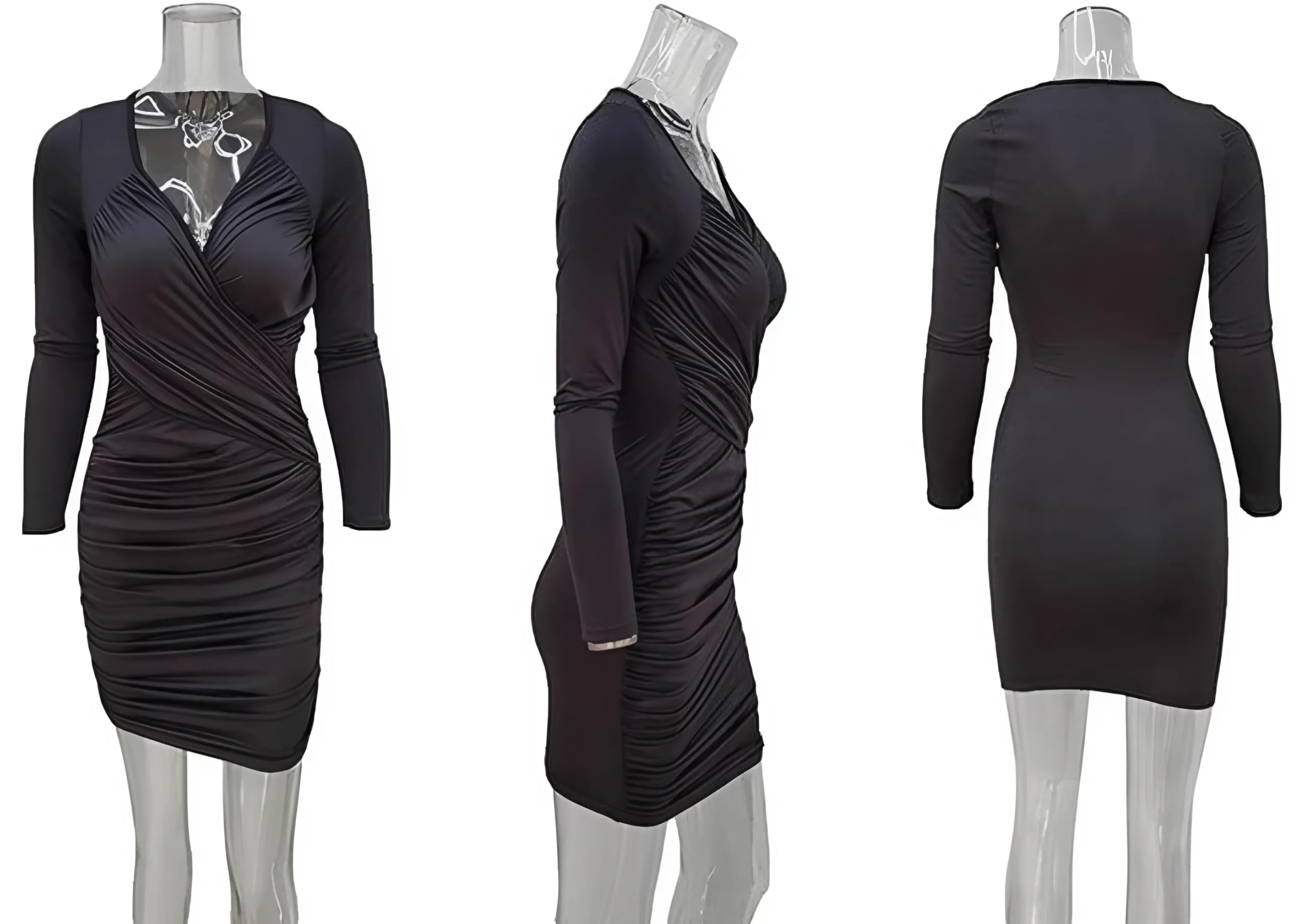 Vestito Donna Sexy Maniche Lunghe Mini Abito Elegante da Sera Vestito Corto Aderente fasciato Nero Scollo a V Discoteca Autunno Inverno AM066