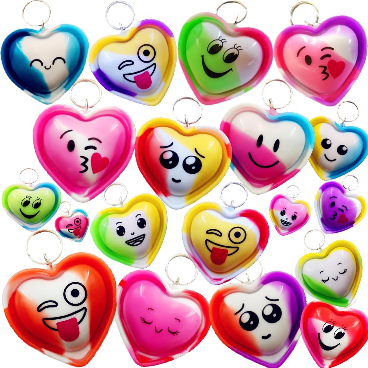30 packs Bulk Heart expression Mini Pop Fidget Keychain For Kids Him Her Gifts Toys，Birthday Valentine Party Favors, Valentine's Day Wedding Party Favors Classroom Student Gifts