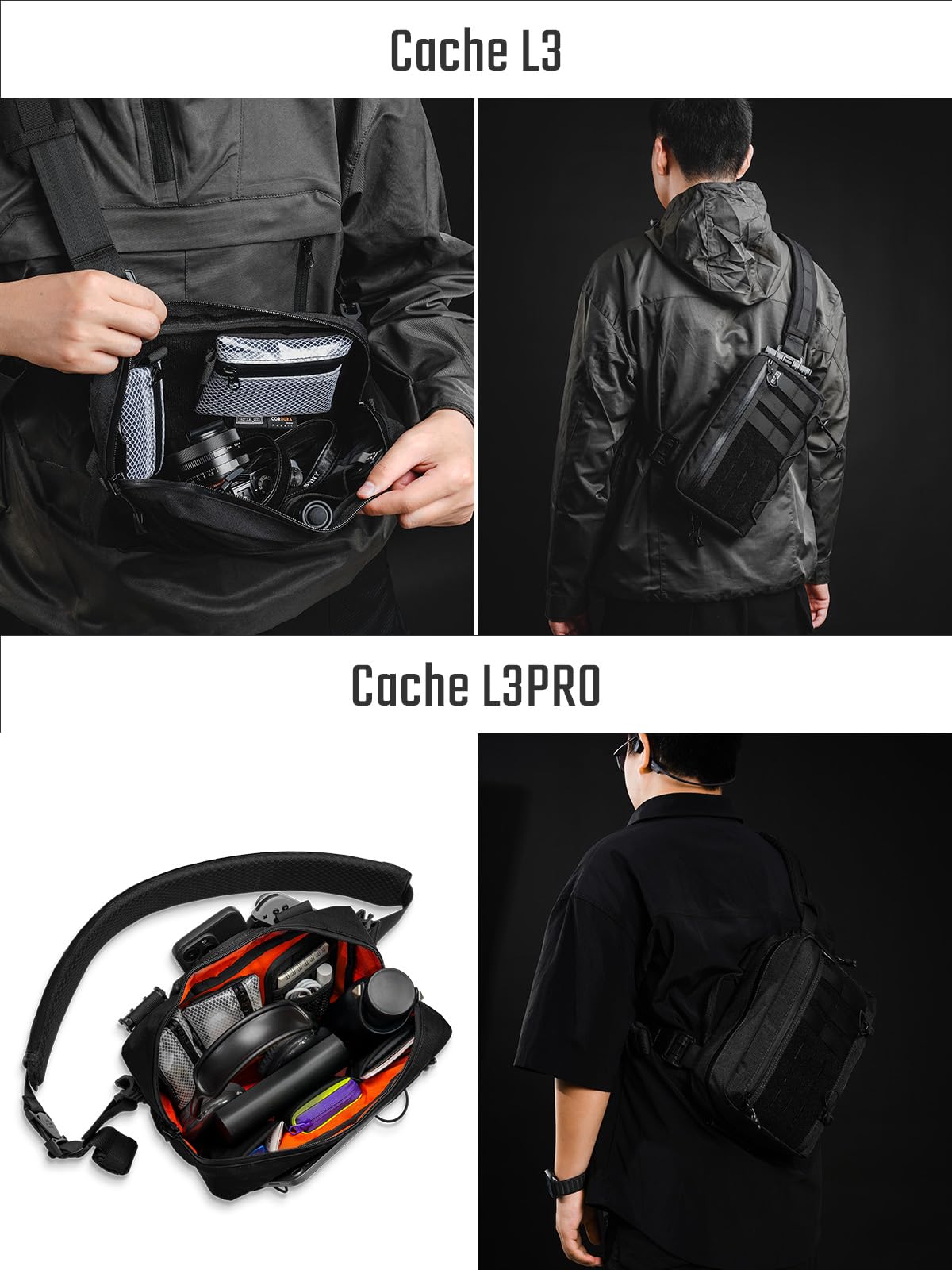 TACTICAL_GEEK Cache L3 Pro EDC Borsa a tracolla, tasca sul petto con tracolla regolabile, borsa a tracolla per uso quotidiano per attività all'aperto e viaggi, grande capacità, organizer per