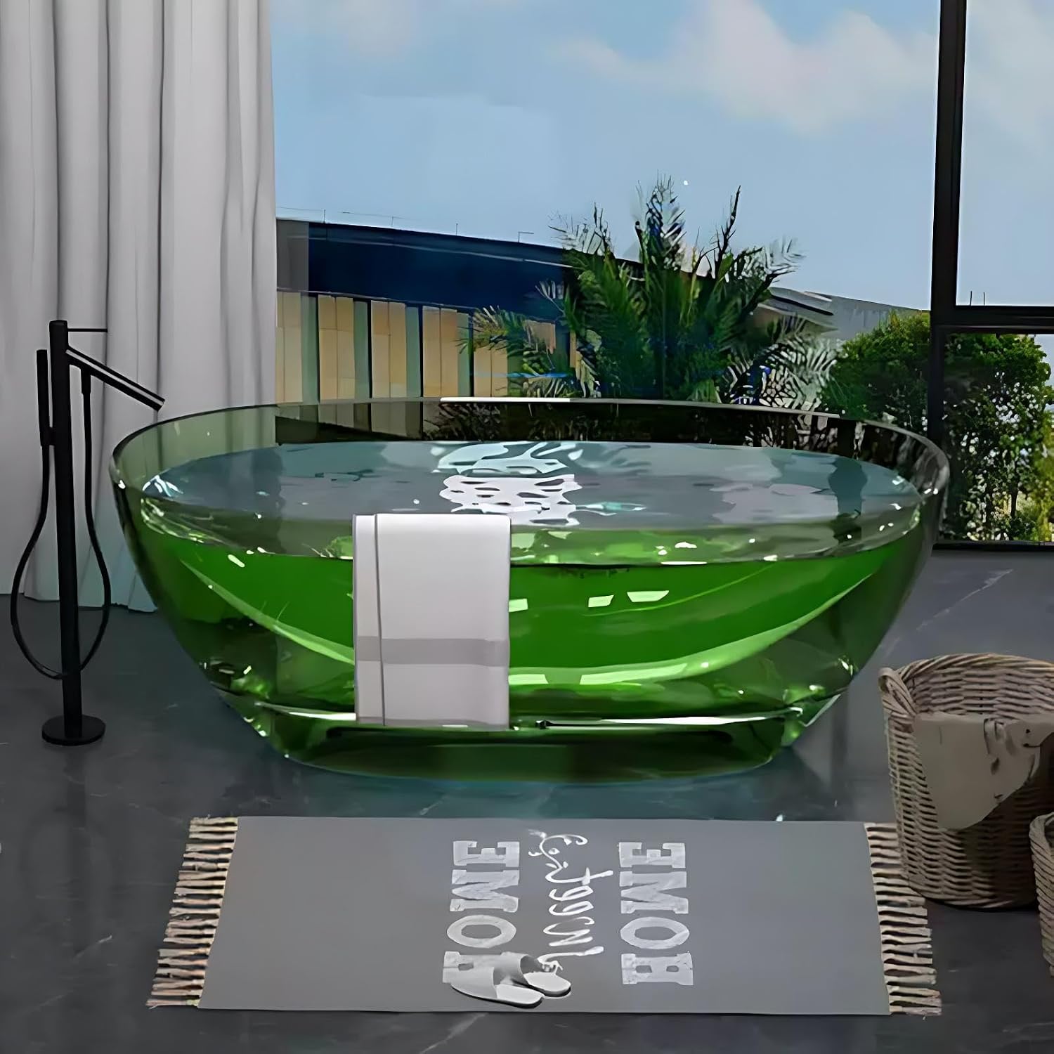 60IN Luxury Freestanding Bathtub - Modern Oval Resin Deep Soaking Tub with Drain, Glacier-Inspired Transparent Free Standing Bath Tub with Ergonomic Design, One Piece Molding, Black