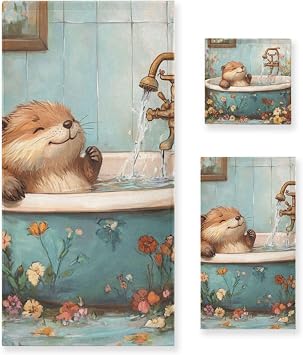 Cute Beaver Vintage Bathtub Microfiber Face Towels Set 3 Piecing, 1 Bath Towel 1 Hand Towel 1 Washcloth for Home Kitchen Family