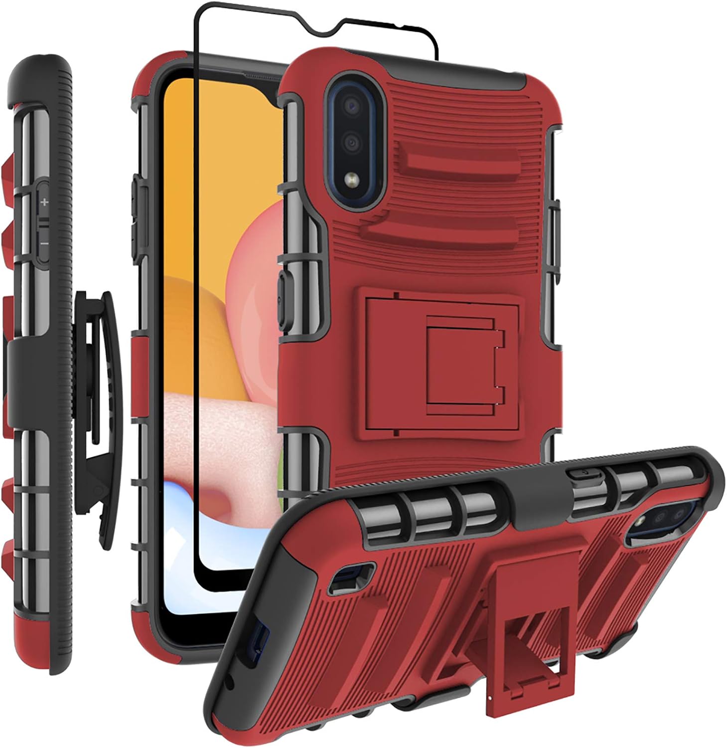 ChangeJ Compatible for Samsung A01 Case,Military Grade Protection with Tempered Glass Screen Protector Holster Belt Clip Kickstand Amor Case for Samsung Galaxy A01 - Red