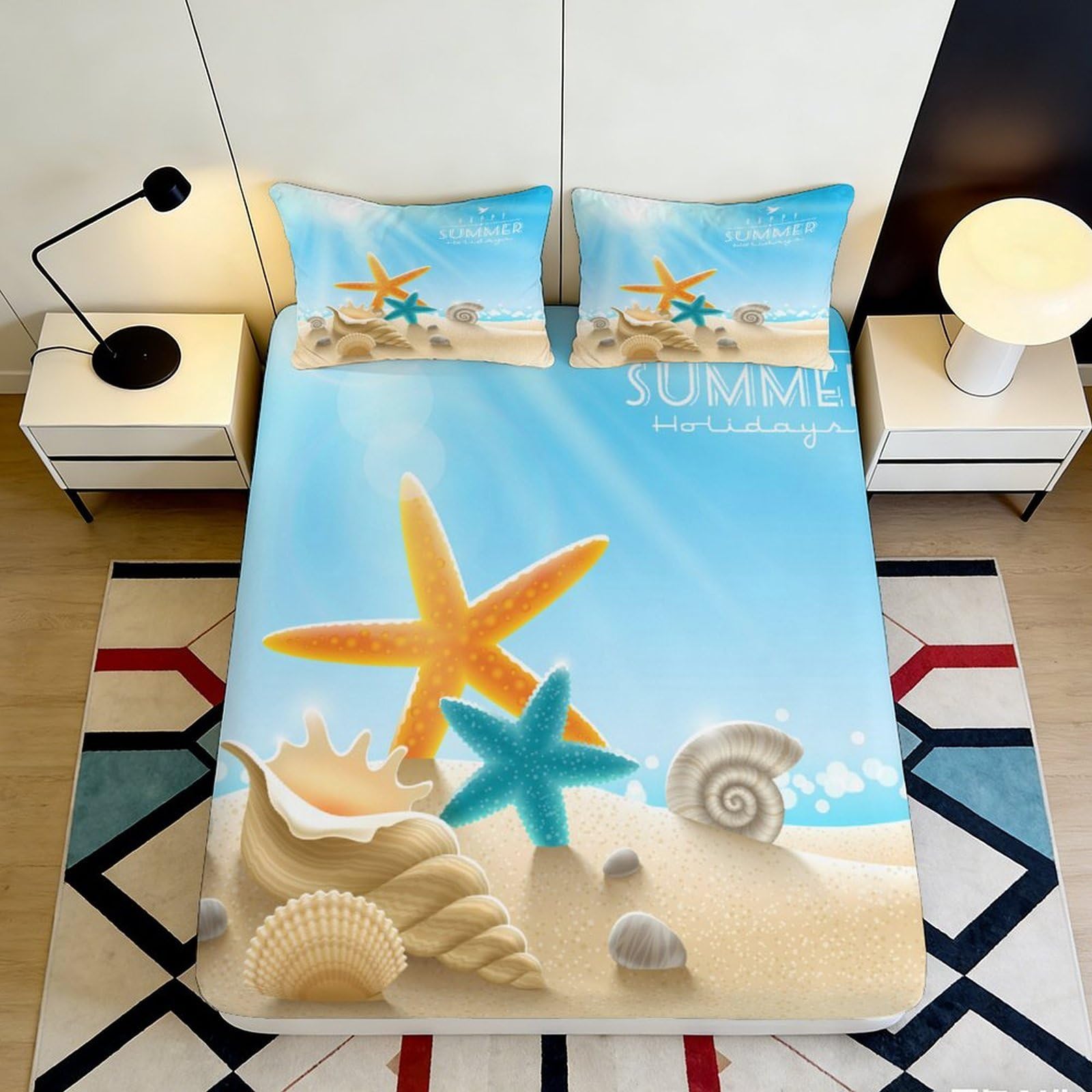 3D Printed Starfish Shell Fitted Sheet Microfiber Deep Pocket Non-Slip Bedding Set Ocean Mattress Fitted Cover Washable 200x200x25cm 90x200x25cm