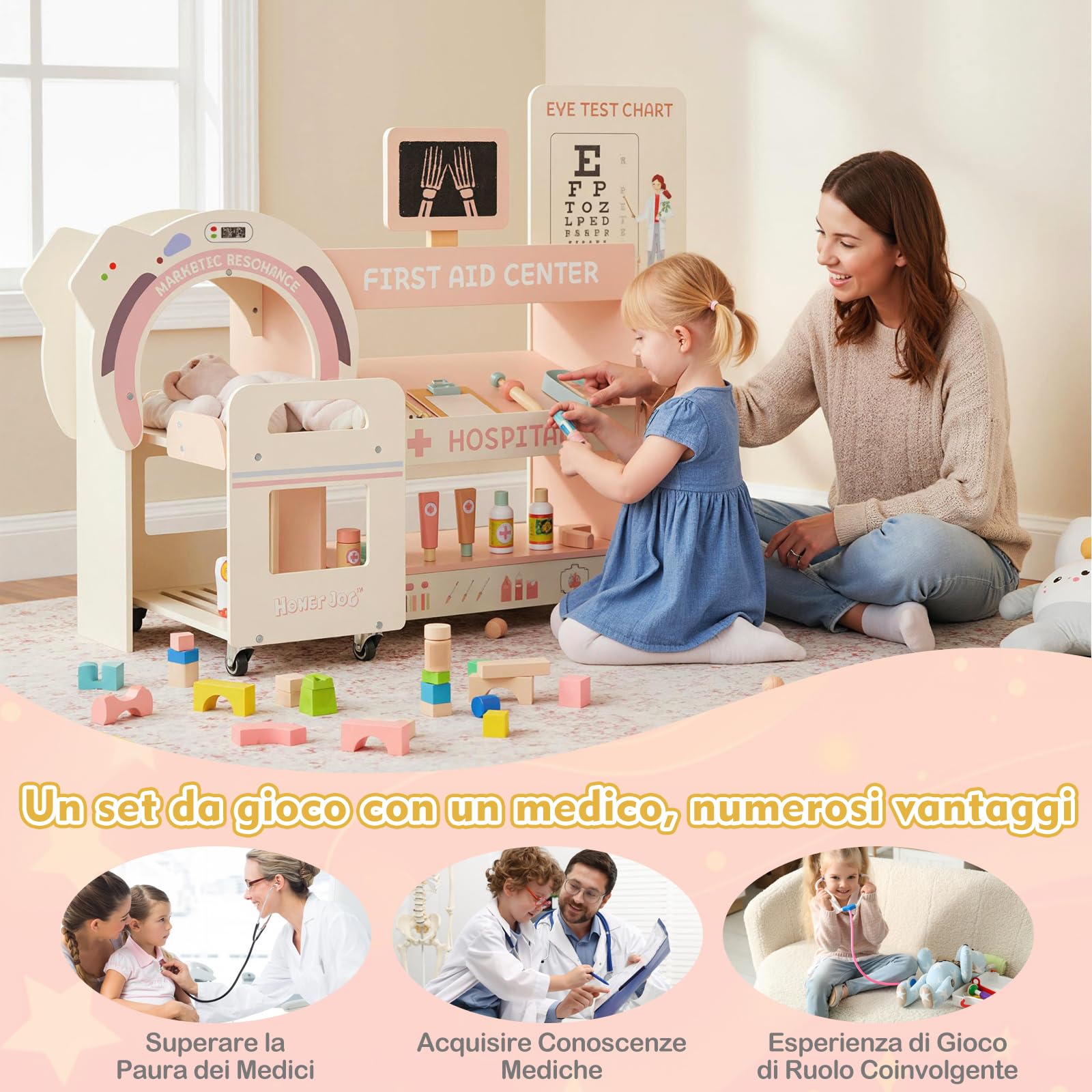 RELAX4LIFE Medico Giocattolo per Bambini, Gioco Dottore in Legno con Esame della Vista, Macchinario CT Ggiocattolo e Radiografia, Set Gioco di Ruolo Educativo per Bambini 3+ Anni (Rosa)