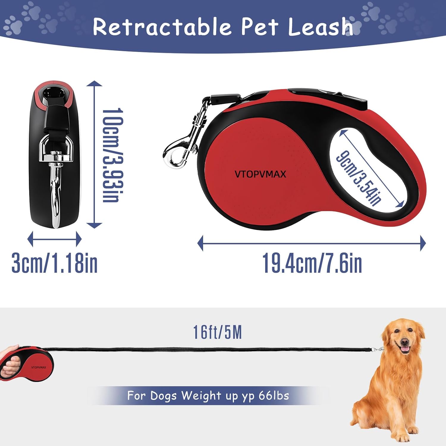 16フィートの格納式犬用リード - 65ポンドまでの小型から中型犬用、高耐久格納式リーシュ、軽量充電式クイックロックブレーキ&amp