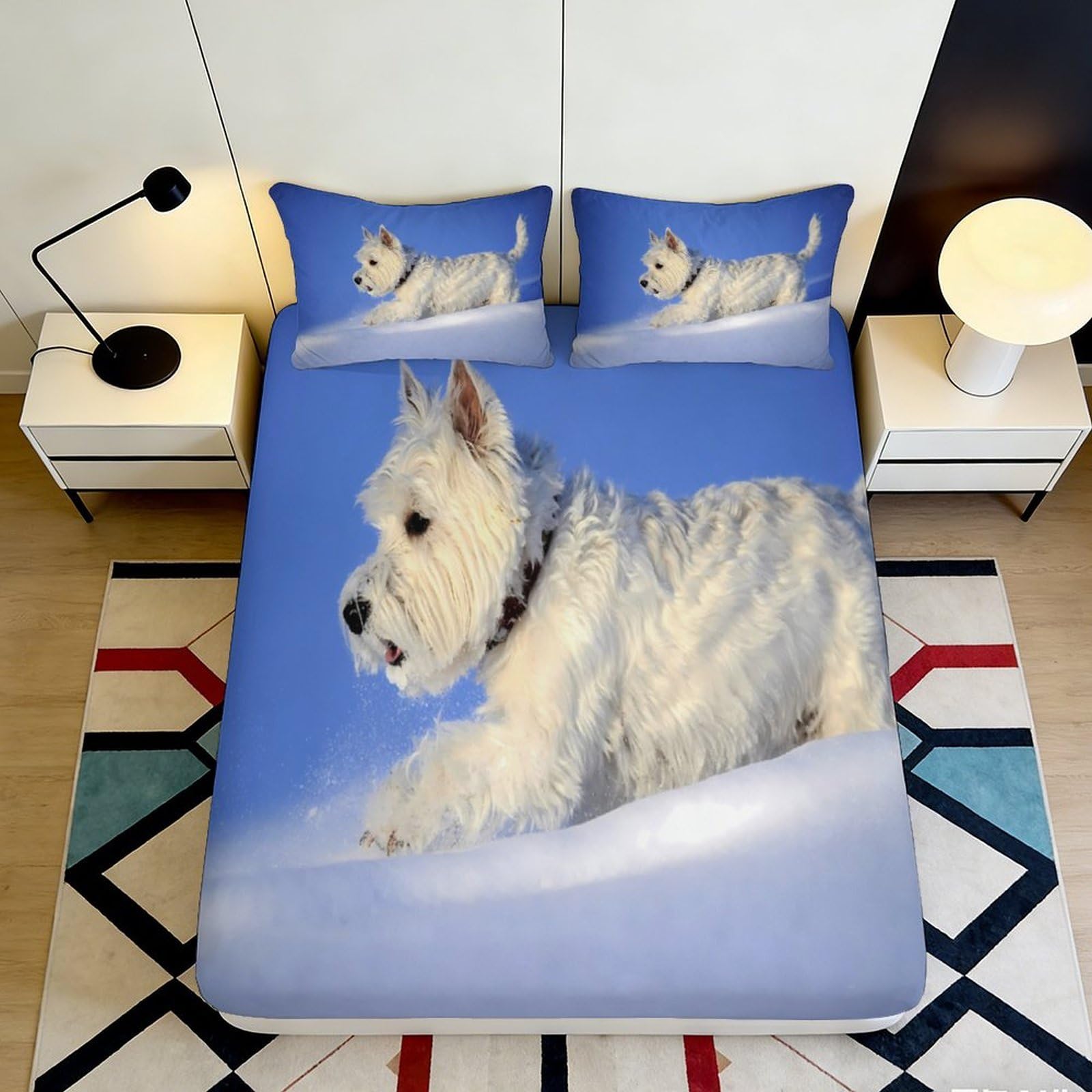 Pnayamiorkfel Style-7 3D Printed White Terrier Dog Fitted Sheet Microfiber Soft Blue Dog Pattern Mattress Cover For Bedroom Guest Room Decor 90X200x25cm
