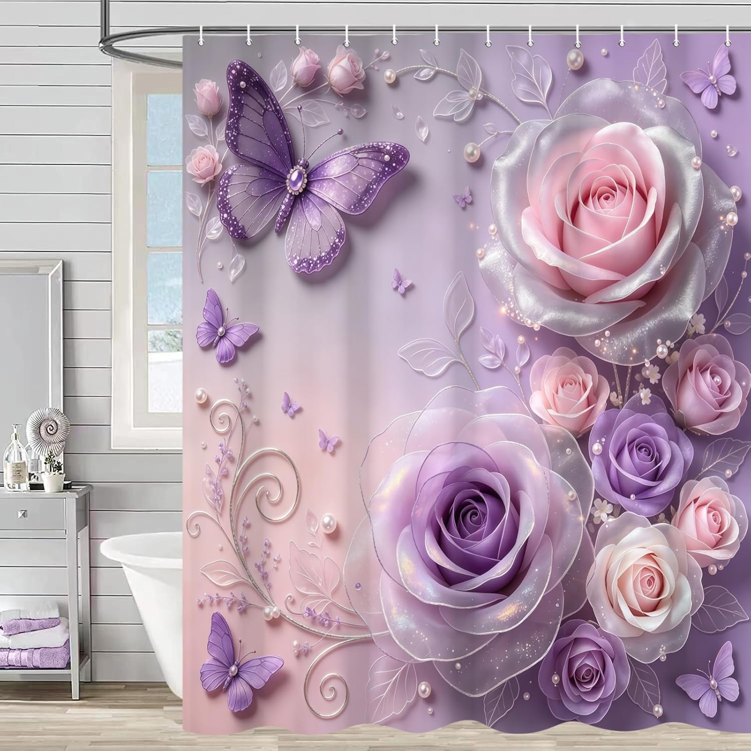 3D Pearl Rose Butterfly Shower Curtain Romantic Floral Bath Curtain72x72