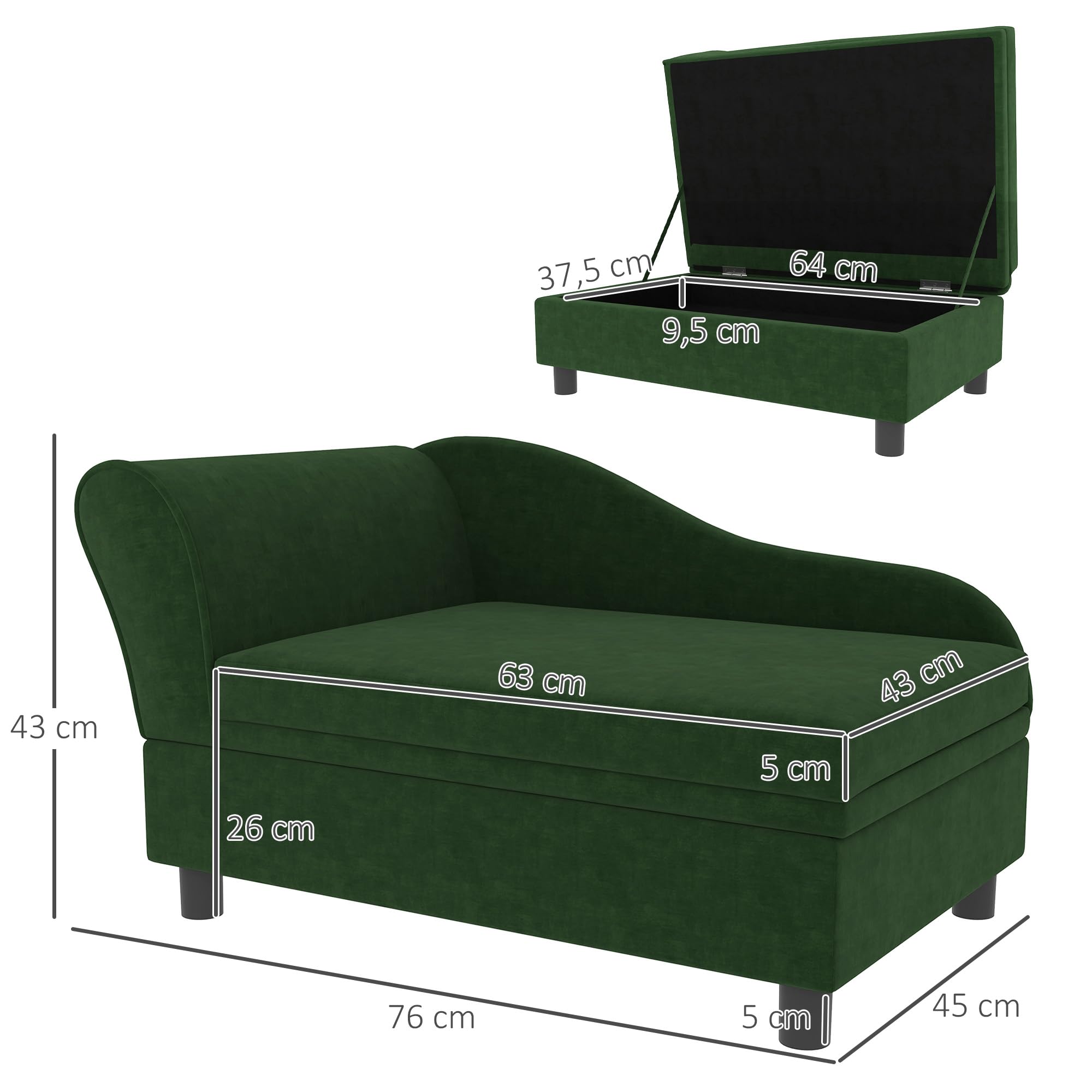 PawHut Canapé Chien Chat sur Pied avec Coffre de Rangement Style Moderne Coussin d'assise Amovible Grand Confort 76 x 45 x 43 cm Vert