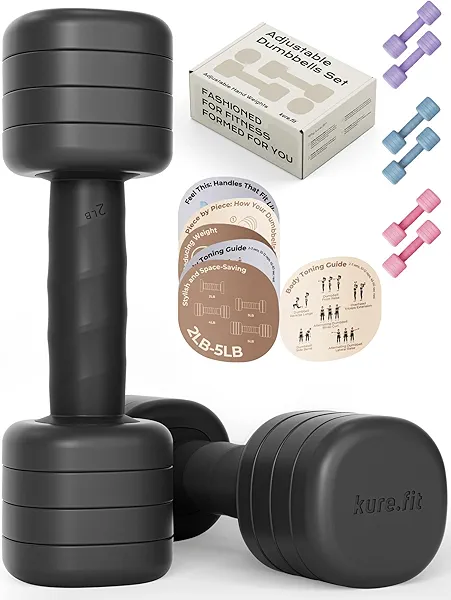 kure.fit Adjustable Dumbbell Set|2LB 3LB 4LB 5LB Light Hand Weights for Women|One-Twist Weight Adjustment|Non-Slip Curved Grip Handle|Free Weights for Home Gym, Rehab, Pilates, Yoga, Strength Training