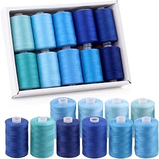 Swpeet Juego de 10 Hilos Multiusos de 1000 Yardas de Colores Azules Con Agujas de Coser, Prácticos Hilos de Poliéster, Hilo de Bordar y Enhebradores Para Costura a Mano