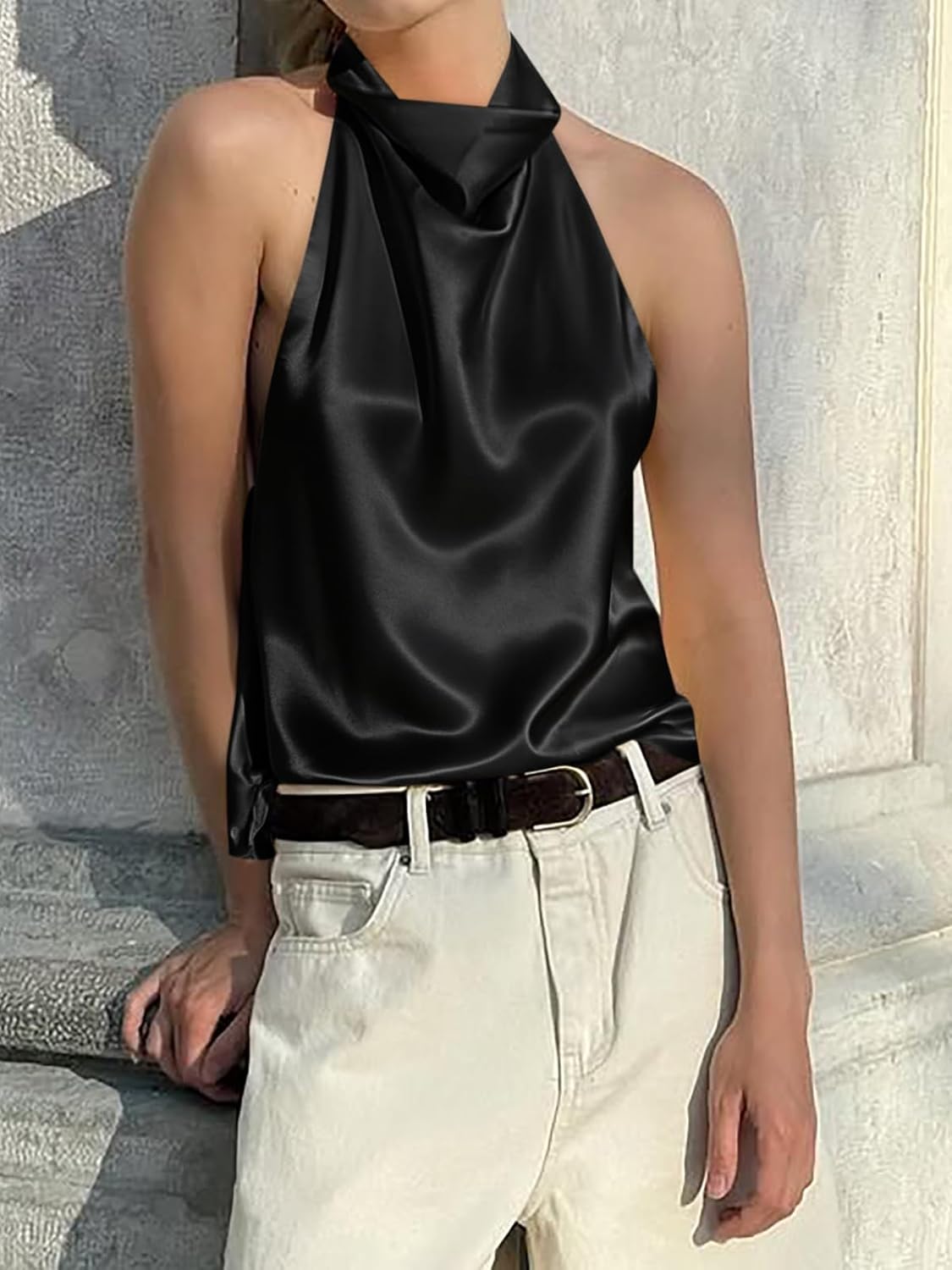 Cicy Bell Women Summer Satin Halter Tank Tops Y2k Going Out High Mock Neck Backless Cami Shirts Cute Party Camisole Tops