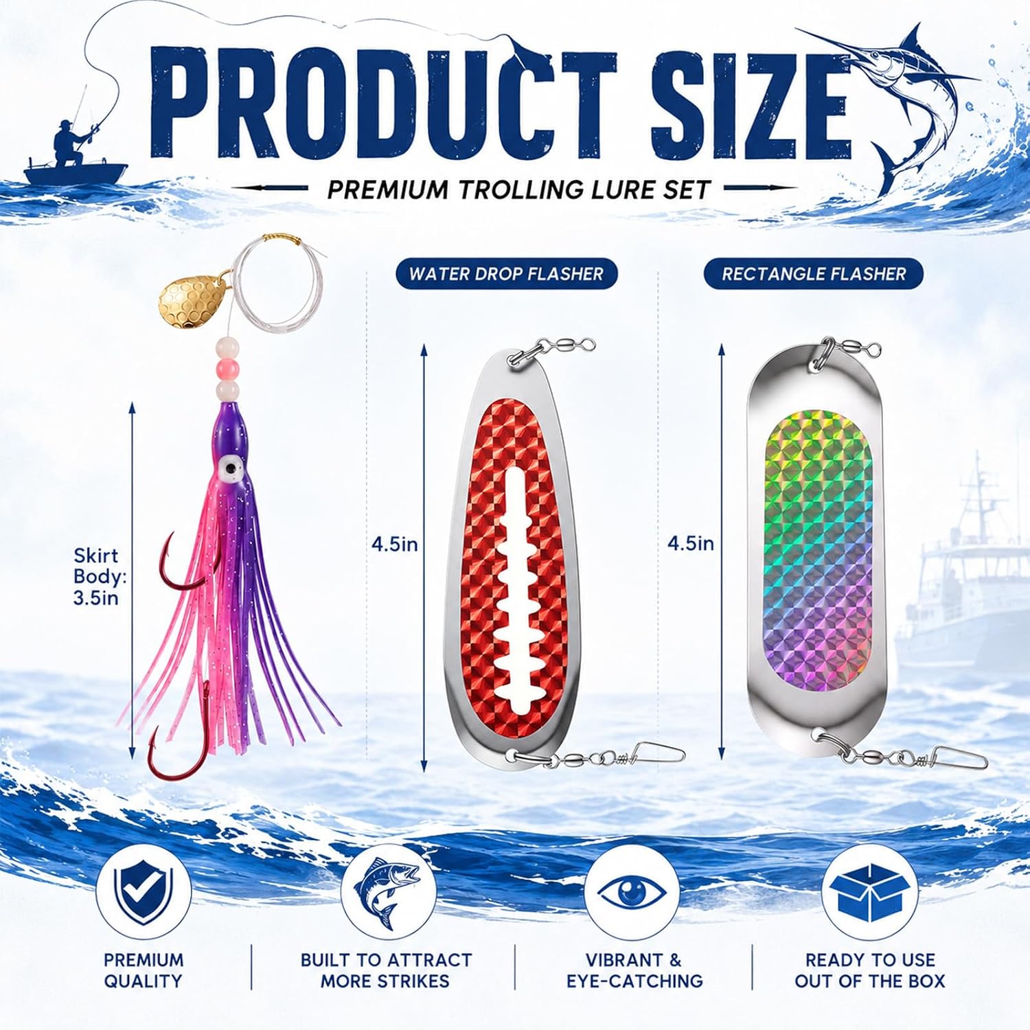 8 Set Squid Fishing Hoochies Flashers-glow Fresh Water Kokanee Dodger Tackle Salmon Trolling Lures with Durable Pre-rigged Octopus Hooks, Multicolor Synthetic Skirts Design for Salmon Fishing