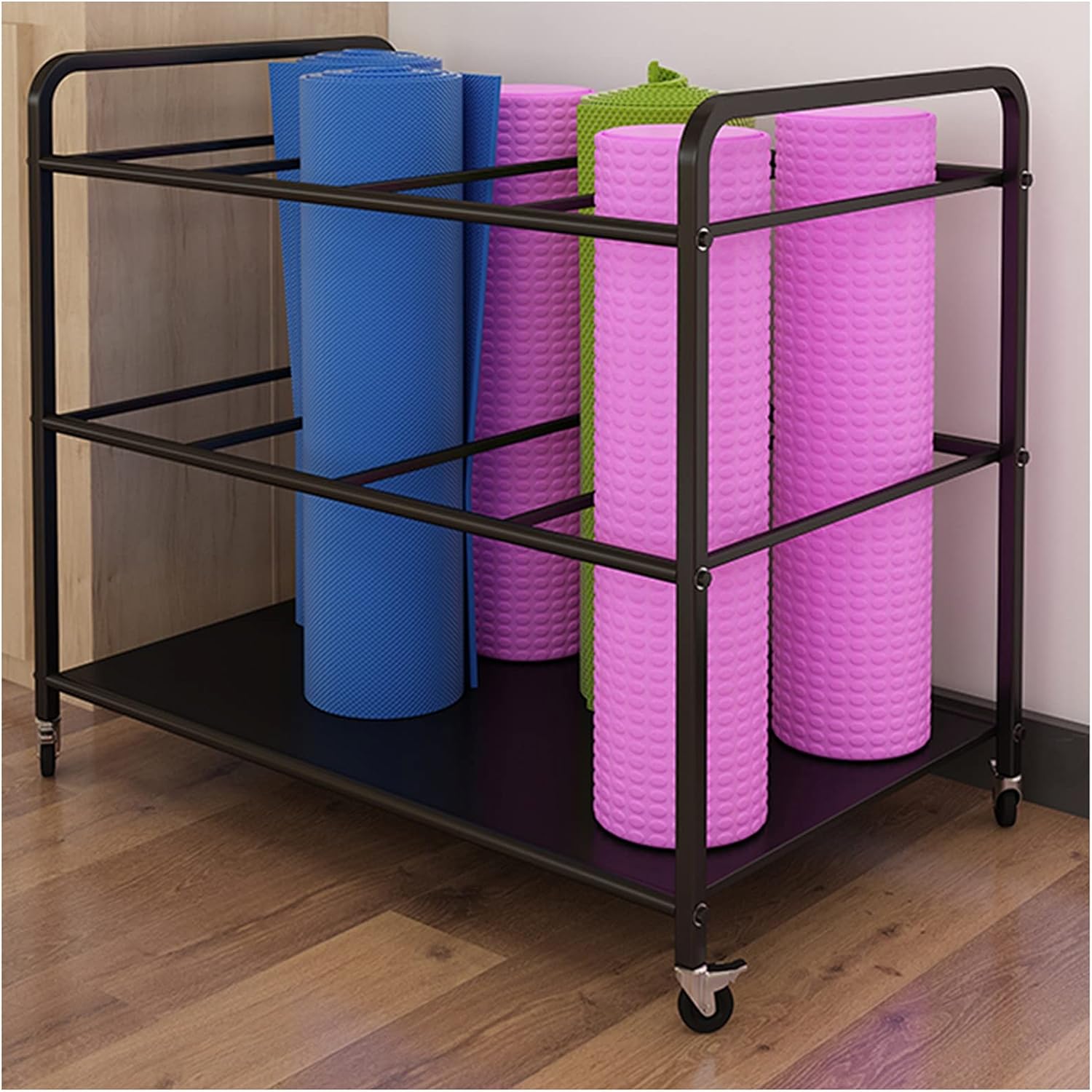 LXLA Extra Large Rolling Yoga Mat Storage Cart with 2 Lockable Wheels, Black Foam Rollers Rack for Gym Studio Office Fitness Class, Narrow Runner Rug Holder (Size : 31.5×19.6×27.5 in)