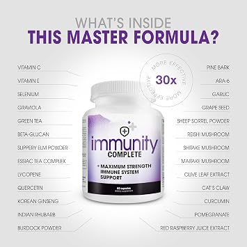 Immunity Complete - 20-in-1 Immune System Booster Formula with Cat's Claw, Quercetin, Vitamin C, and Olive Leaf Extract 60ct