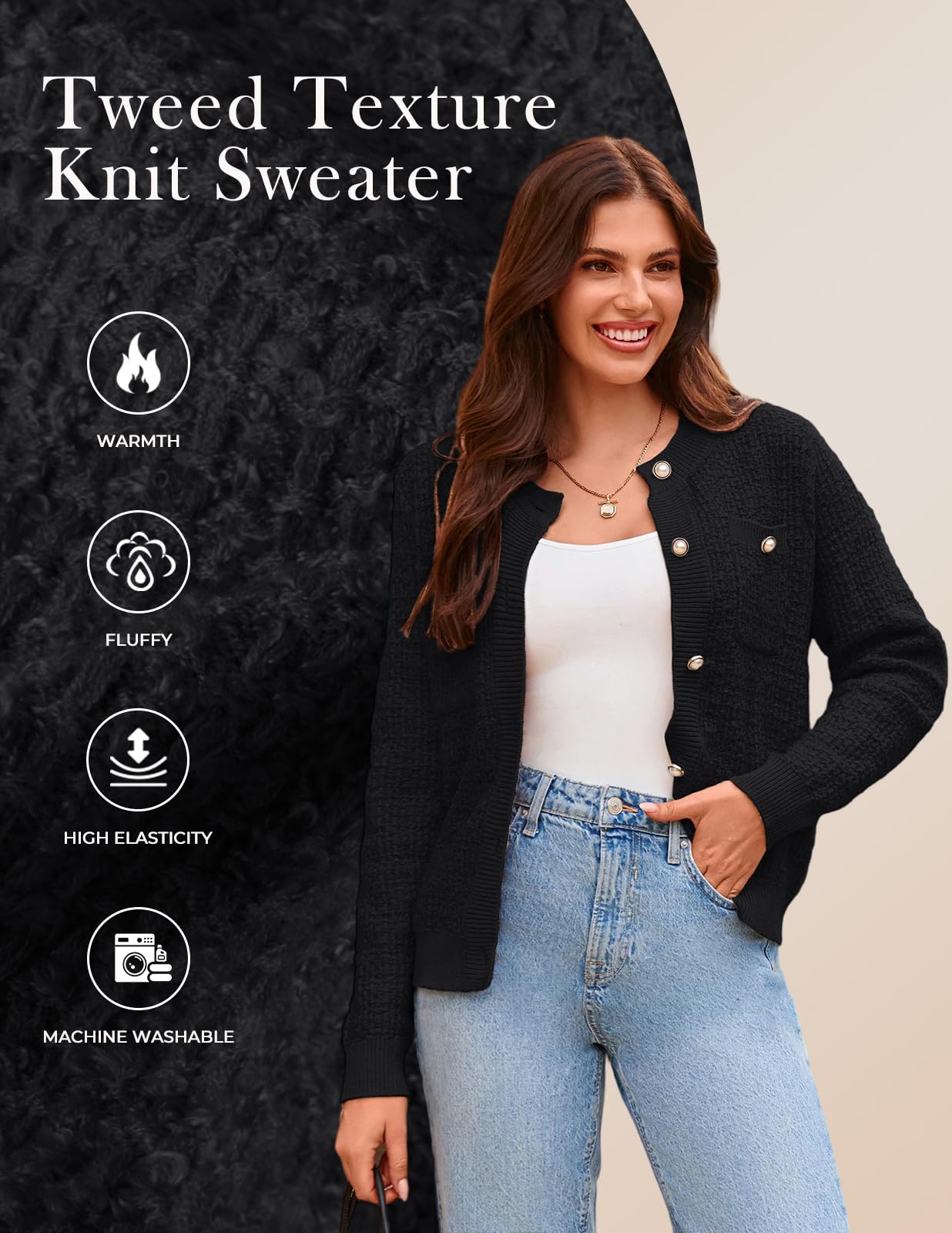 GRACE KARIN Cárdigan de punto con botones y bolsillos para mujer, con parte delantera abierta, con textura, Negro -, L