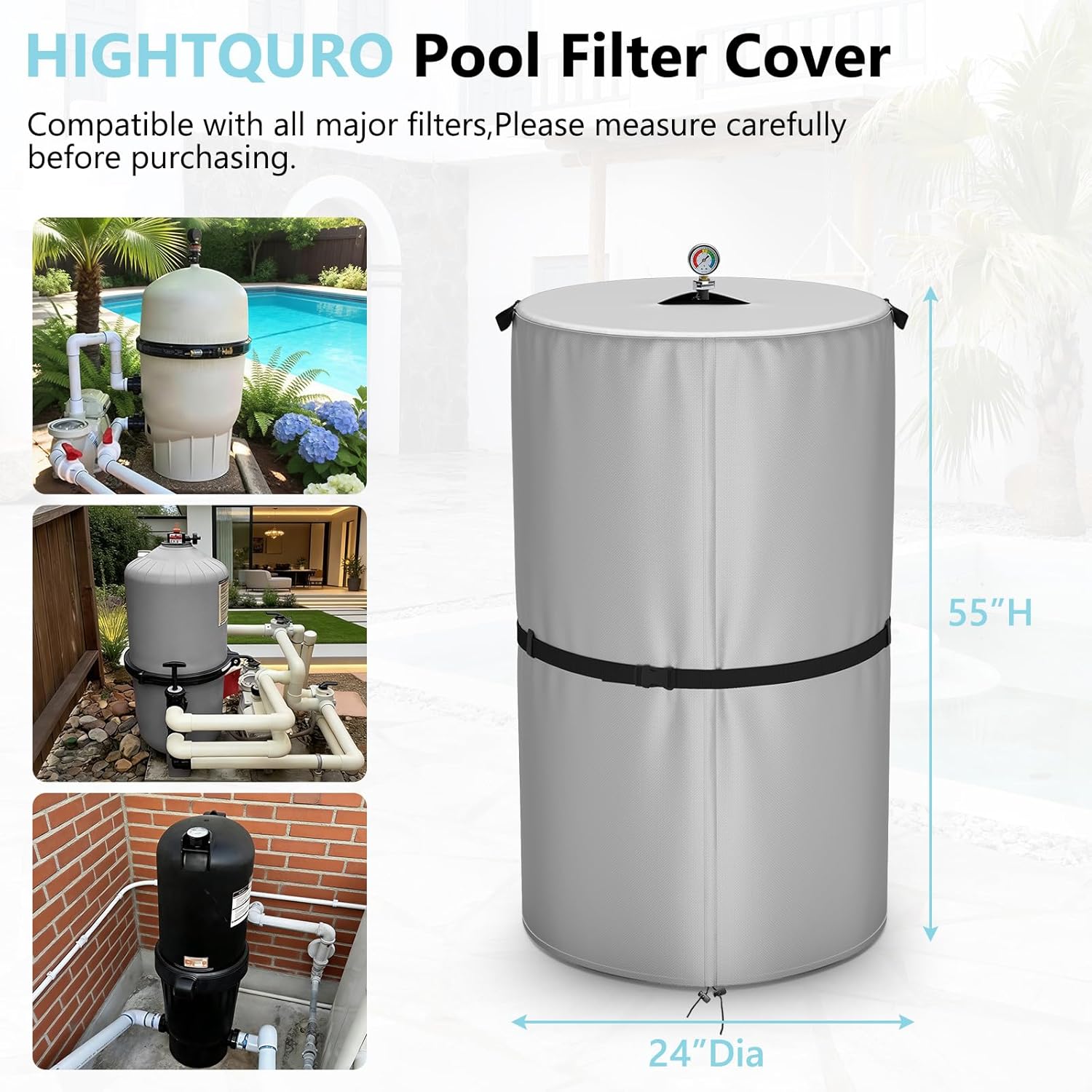 Heavy-Duty Universal Pool Filter Cover, Windproof Rain Snow Sun Protection, Double-Layer Plush Lining,Compatible with Most Inground & Above-Ground Cartridge & DE Filters,Silver