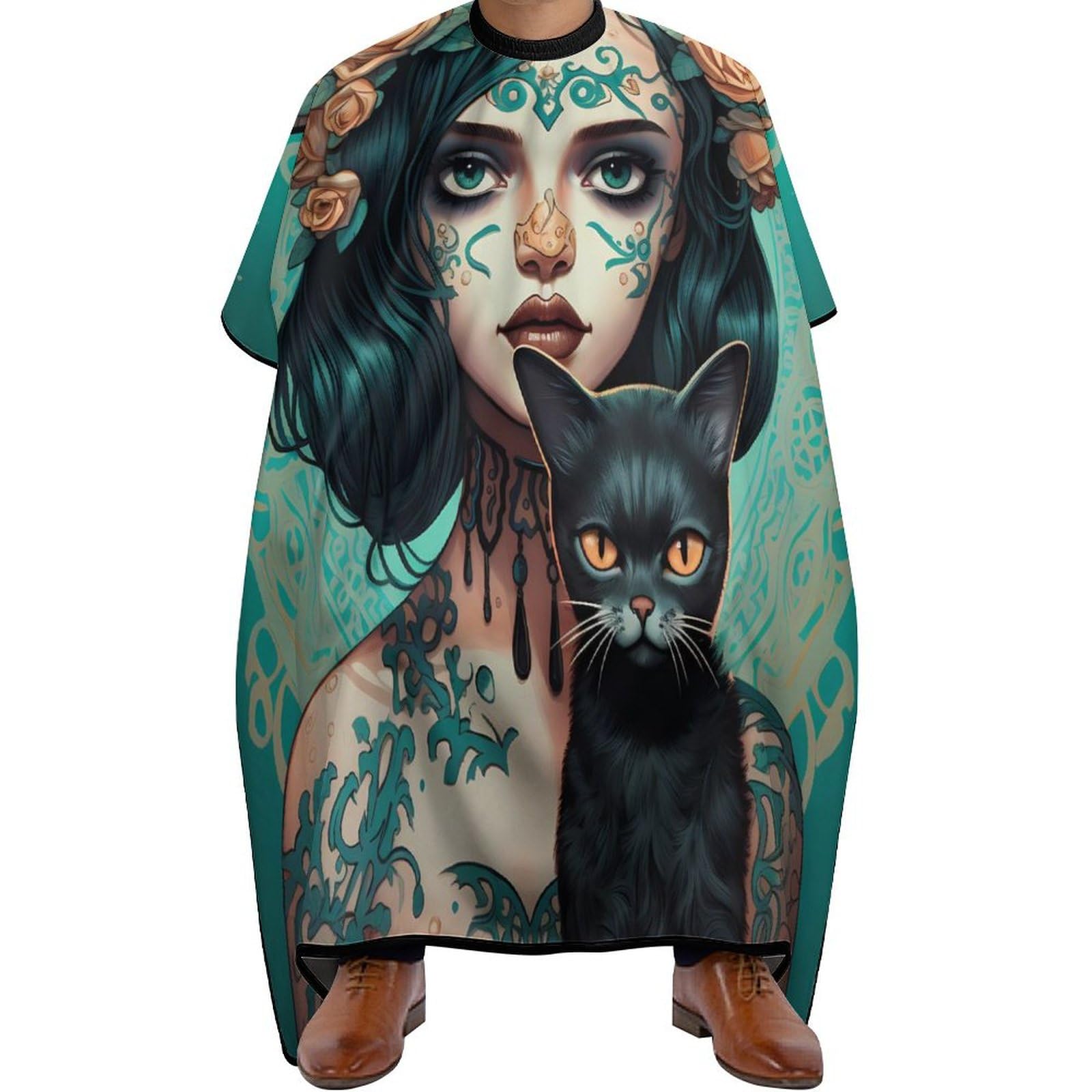 Skull Girl Holding A Black Cat Hair Cutting Cape for Men Women Waterproof Barber Cape Adjustable Salon Haircut Capes
